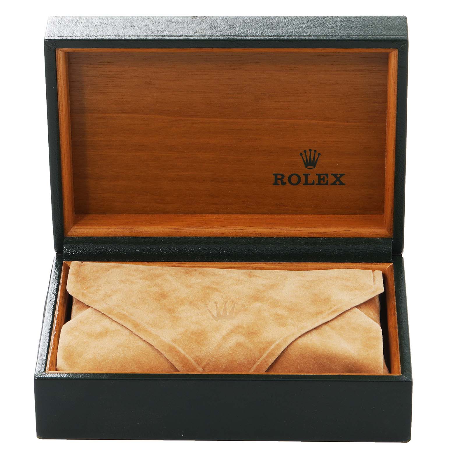 The image shows an open Rolex watch box with a protective suede pouch inside, designed for the Air-King model.