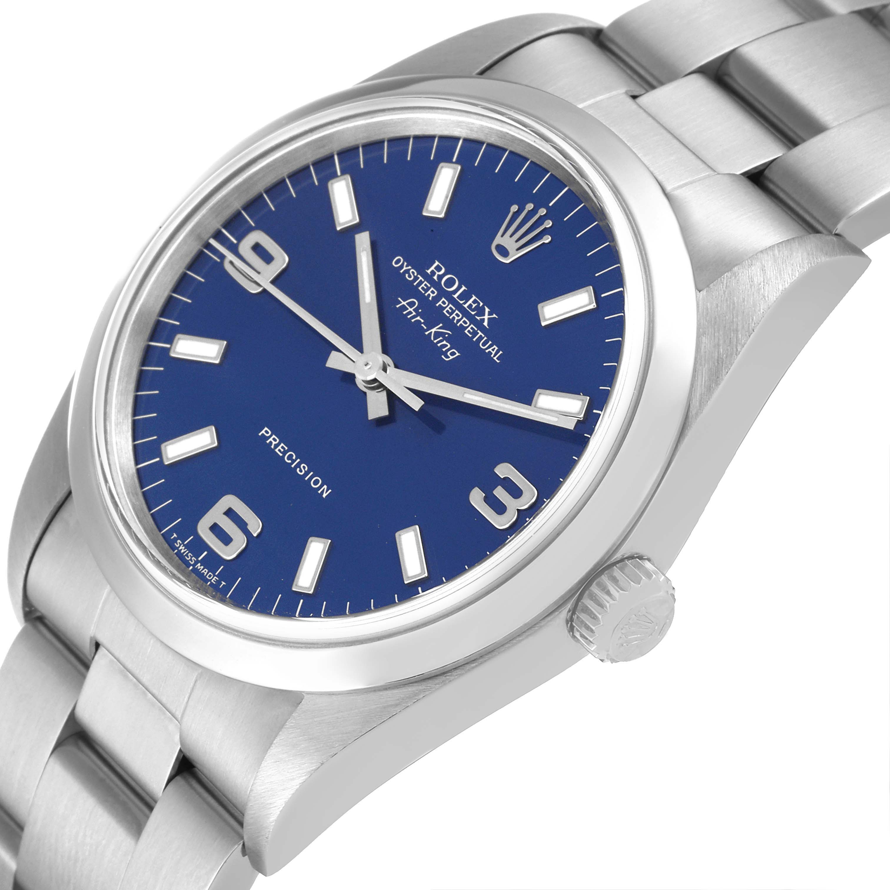 This image shows a Rolex Air-King 14000 Men's Stainless Steel Blue Dial 14000 Men's Stainless Steel Blue Dial watch at an angle highlighting the face, crown, and part of the bracelet.