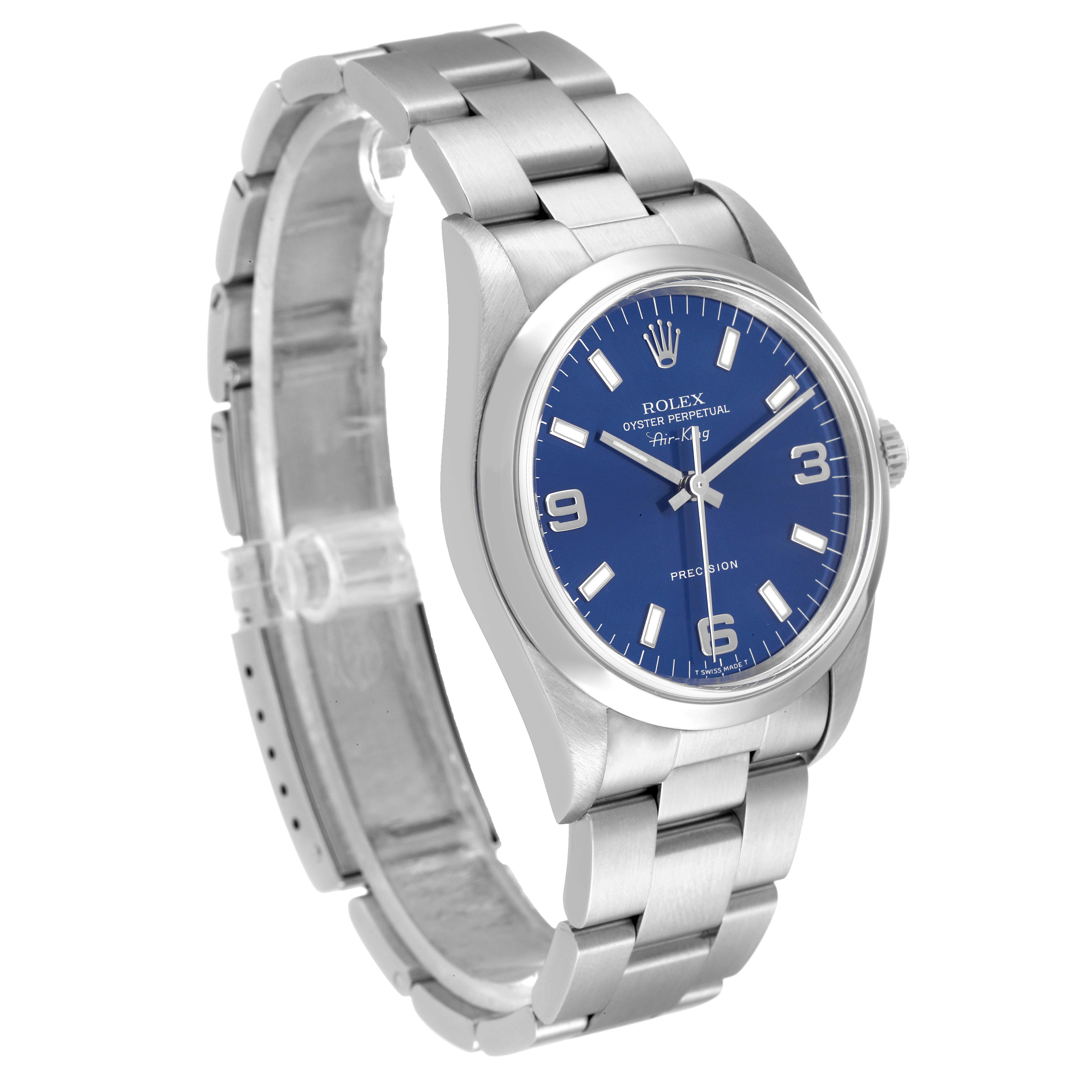 The image shows a Rolex Air-King 14000 Men's Stainless Steel Blue Dial 14000 Men's Stainless Steel Blue Dial watch at a slight angle, highlighting the watch face, bezel, and stainless steel bracelet.