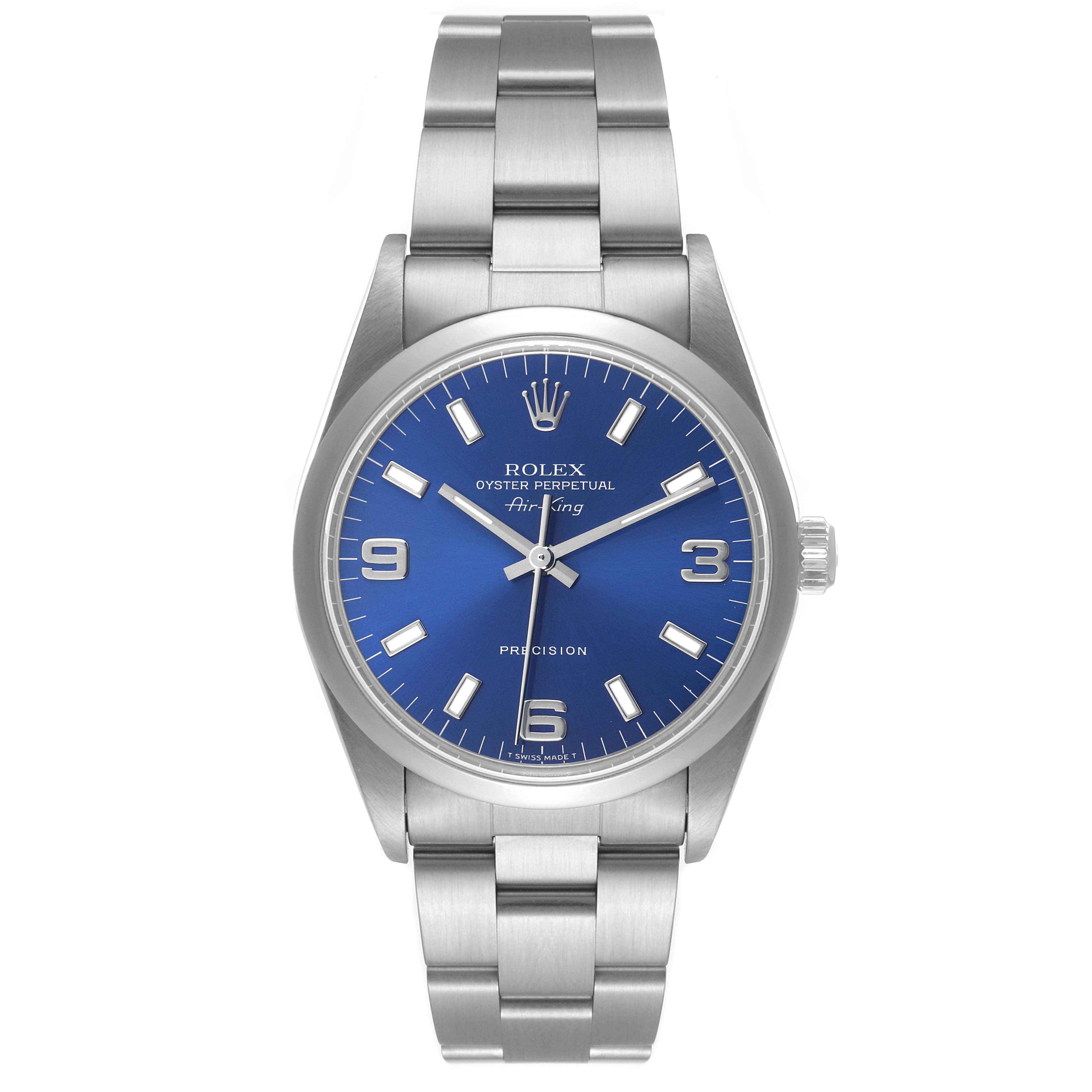 The image shows a frontal view of a Rolex Air-King 14000 Men's Stainless Steel Blue Dial 14000 Men's Stainless Steel Blue Dial watch, highlighting the dial, hands, crown, and bracelet.