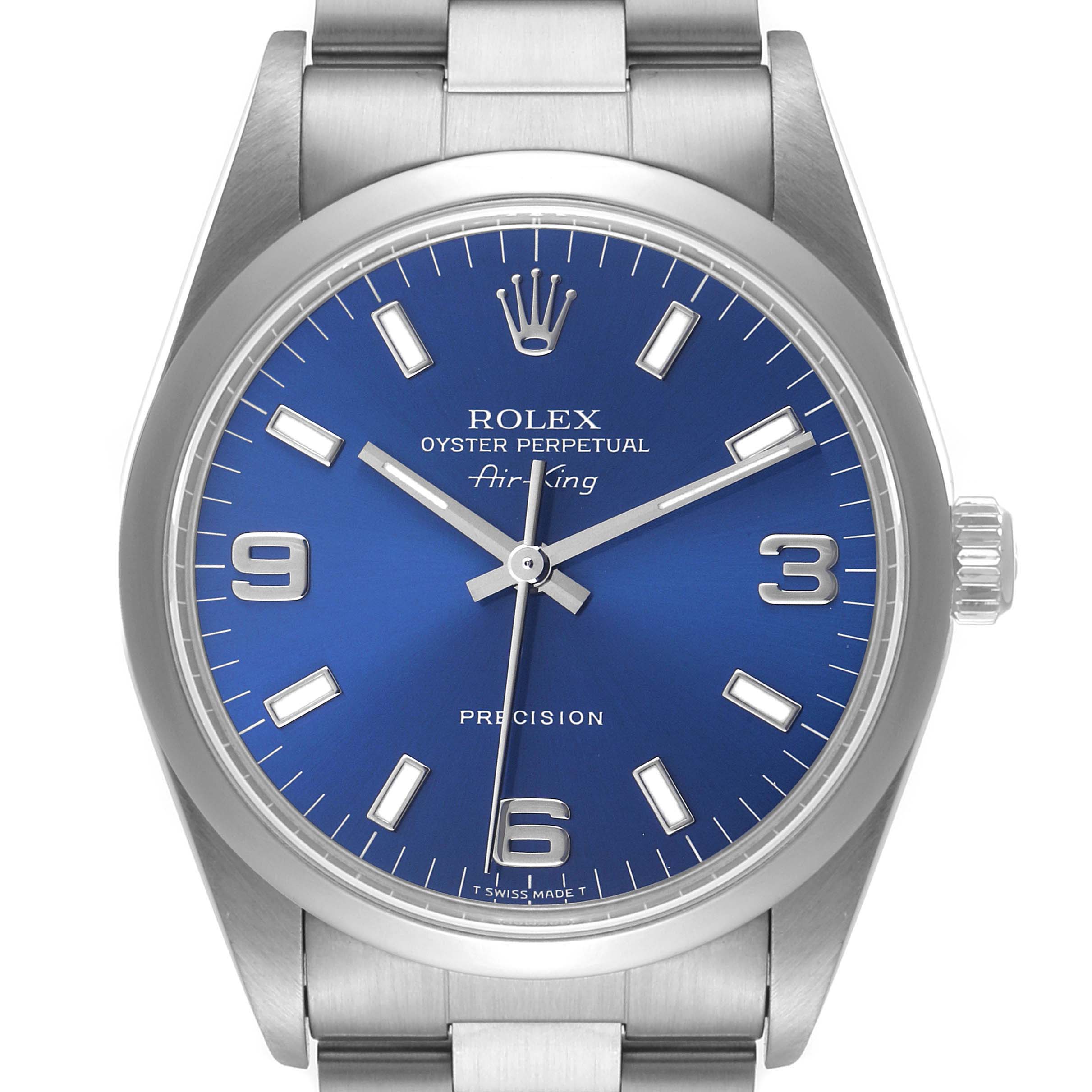 This image shows a front view of a Rolex Air-King 14000 Men's Stainless Steel Blue Dial 14000 Men's Stainless Steel Blue Dial watch, highlighting the blue dial, hour markers, hands, and crown.
