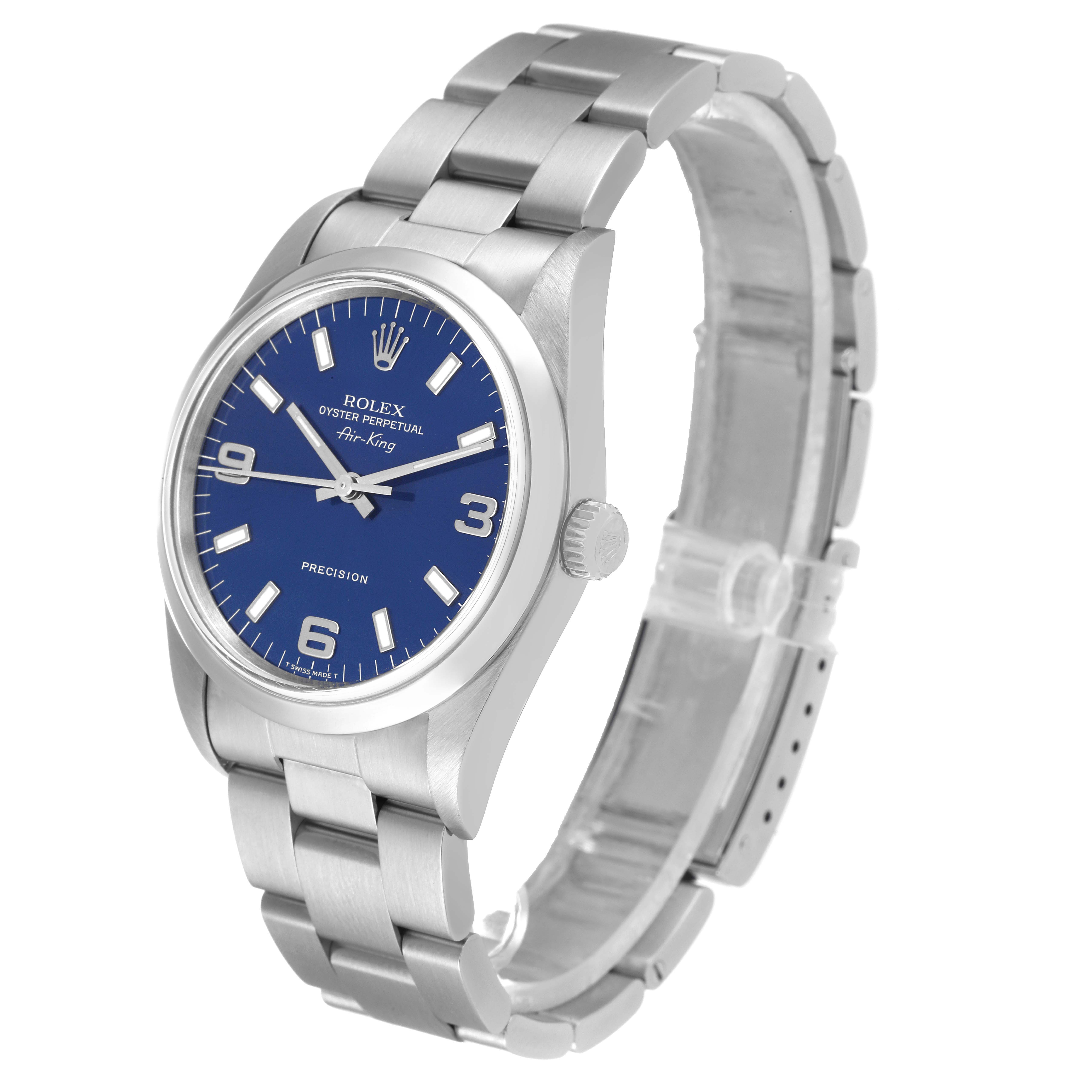 The Rolex Air-King 14000 Men's Stainless Steel Blue Dial 14000 Men's Stainless Steel Blue Dial watch is shown at a three-quarter angle displaying the dial, case, crown, and partially the bracelet.