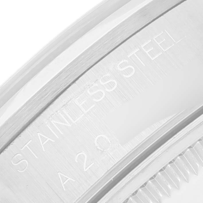 The image shows a close-up of the stainless steel case back of a Rolex Air-King 14000 Men's Stainless Steel Blue Dial 14000 Men's Stainless Steel Blue Dial watch.