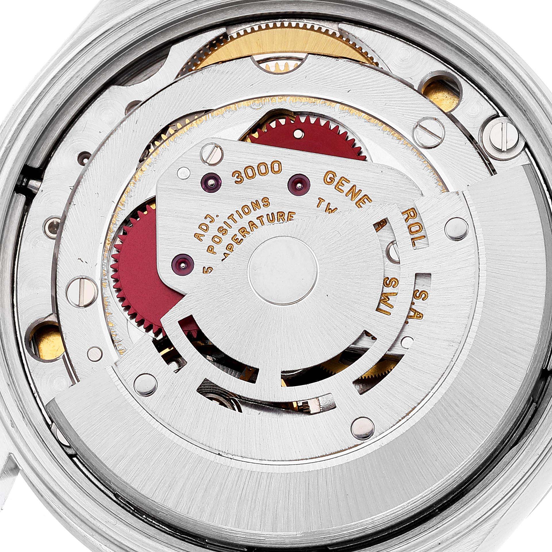 The image shows an up-close view of the movement mechanism of the Rolex Air-King 14000 Men's Stainless Steel White Dial 14000 Men's Stainless Steel White Dial watch, highlighting its intricate gears and components.