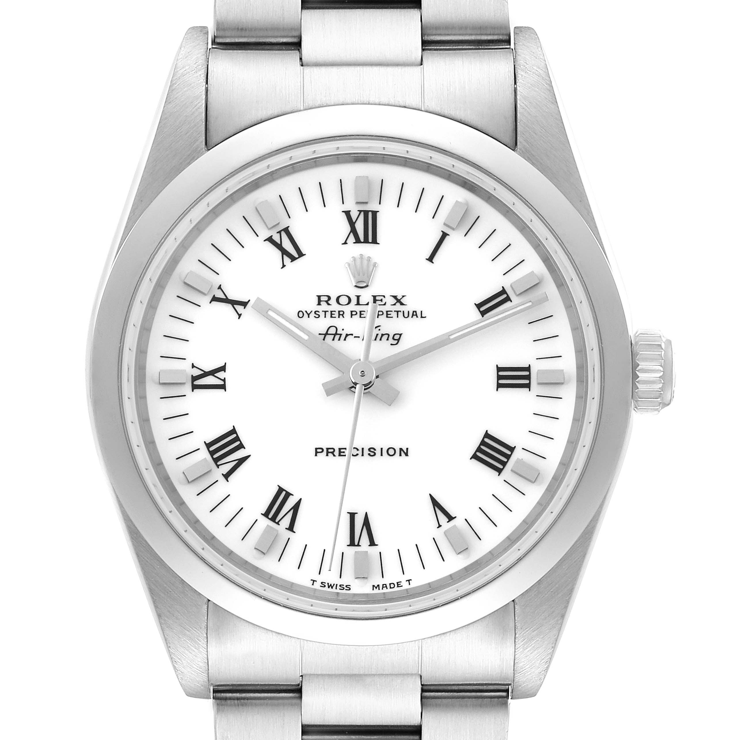 The image shows a front view of a Rolex Air-King 14000 Men's Stainless Steel White Dial 14000 Men's Stainless Steel White Dial watch, highlighting the dial, bezel, crown, and part of the bracelet.