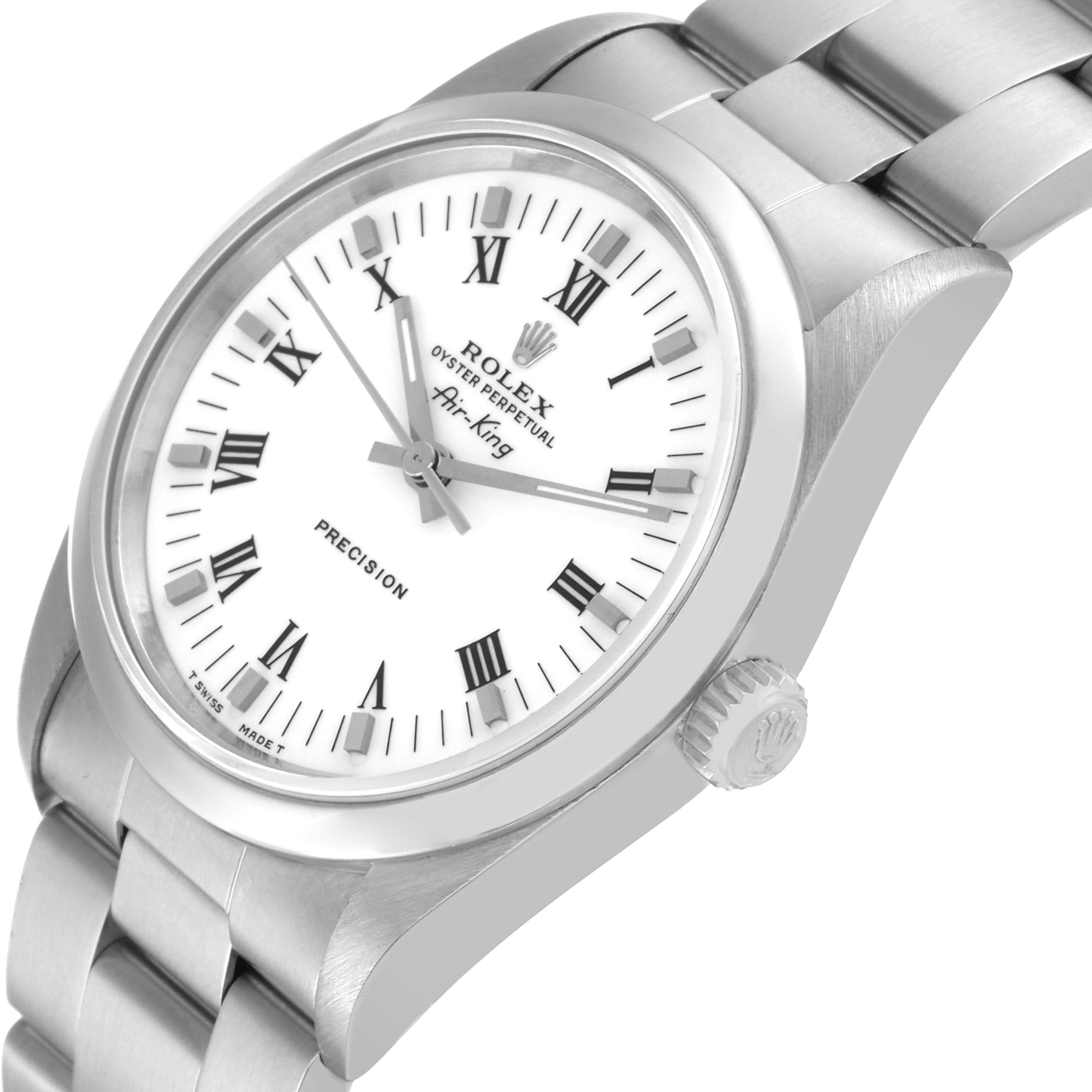 The image shows a Rolex Air-King 14000 Men's Stainless Steel White Dial 14000 Men's Stainless Steel White Dial watch, displaying the dial, bezel, crown, and part of the bracelet at an angled view.