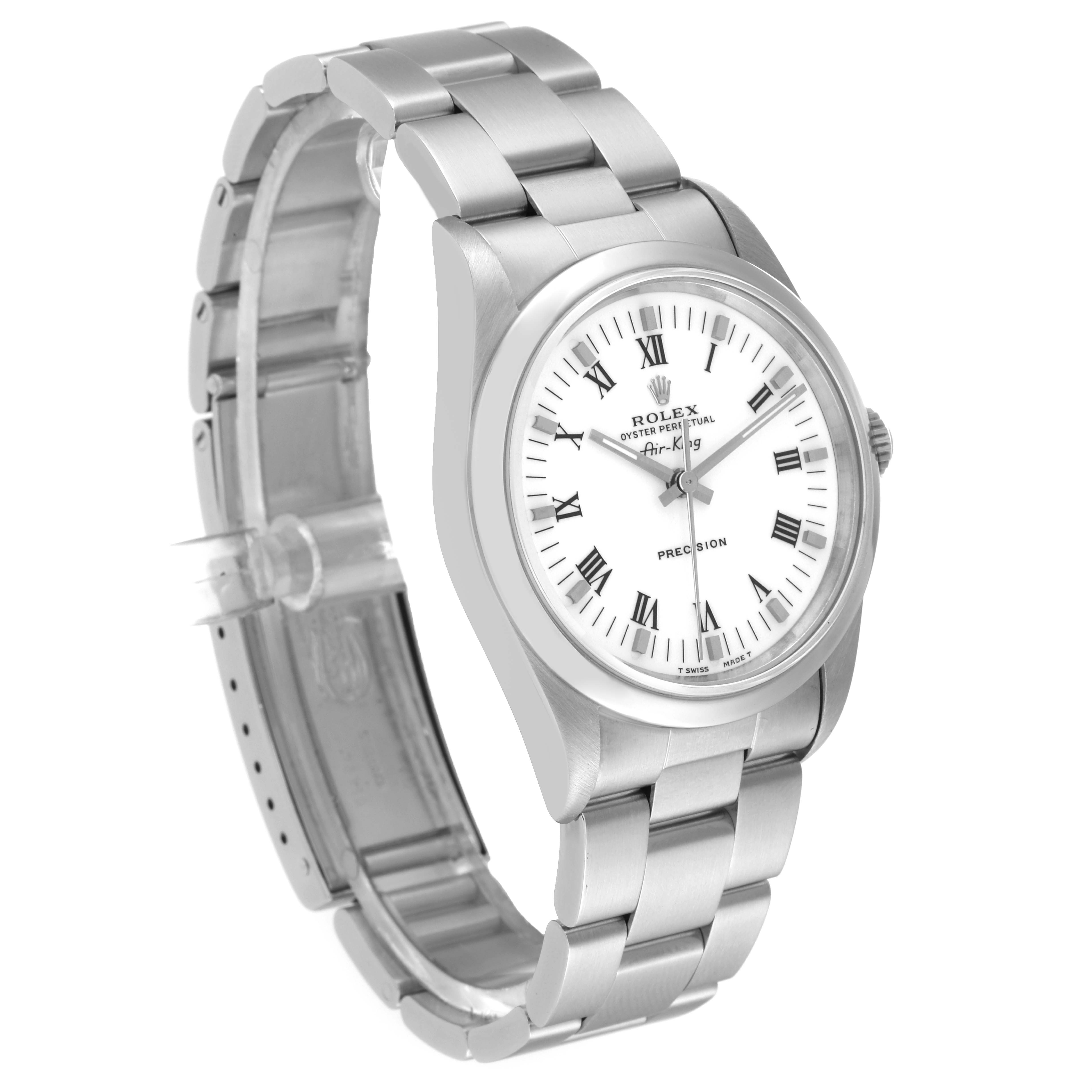 The Rolex Air-King 14000 Men's Stainless Steel White Dial 14000 Men's Stainless Steel White Dial watch is shown at a slight angle, displaying its face, bezel, bracelet, and clasp.
