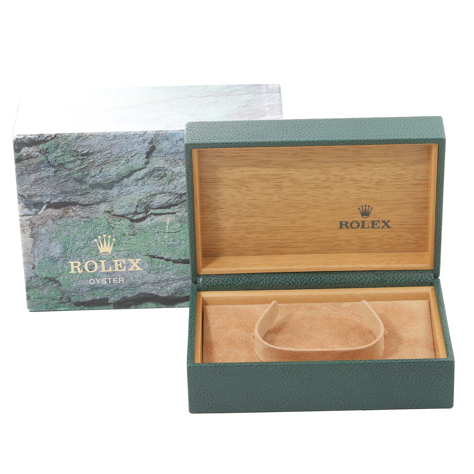 The image shows the open box and outer packaging for the Rolex Air-King 14000 Men's Stainless Steel White Dial 14000 Men's Stainless Steel White Dial, featuring a green box with wood and suede interior.