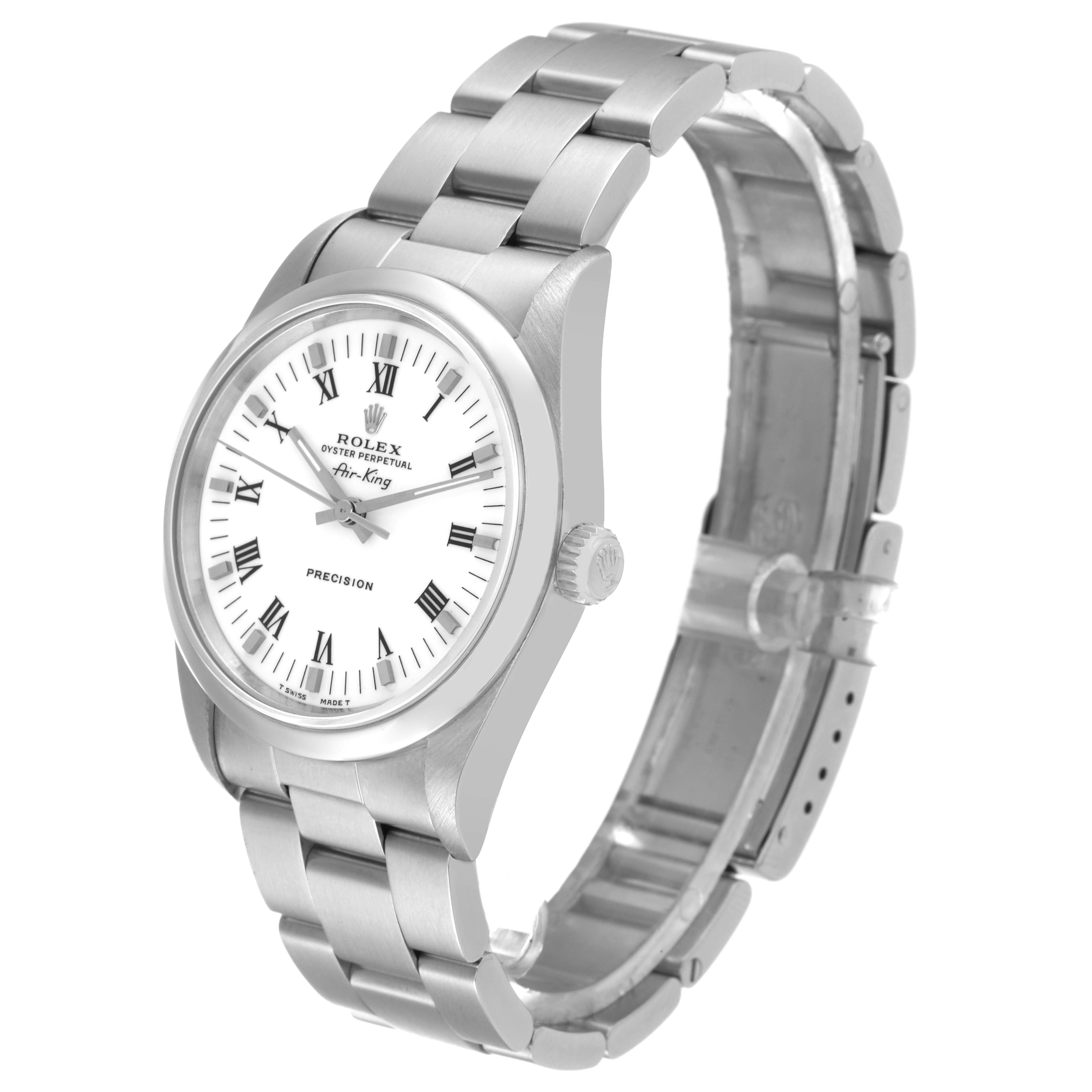 The image shows a Rolex Air-King 14000 Men's Stainless Steel White Dial 14000 Men's Stainless Steel White Dial watch positioned at a 3/4 angle, highlighting its face, bezel, crown, and bracelet.