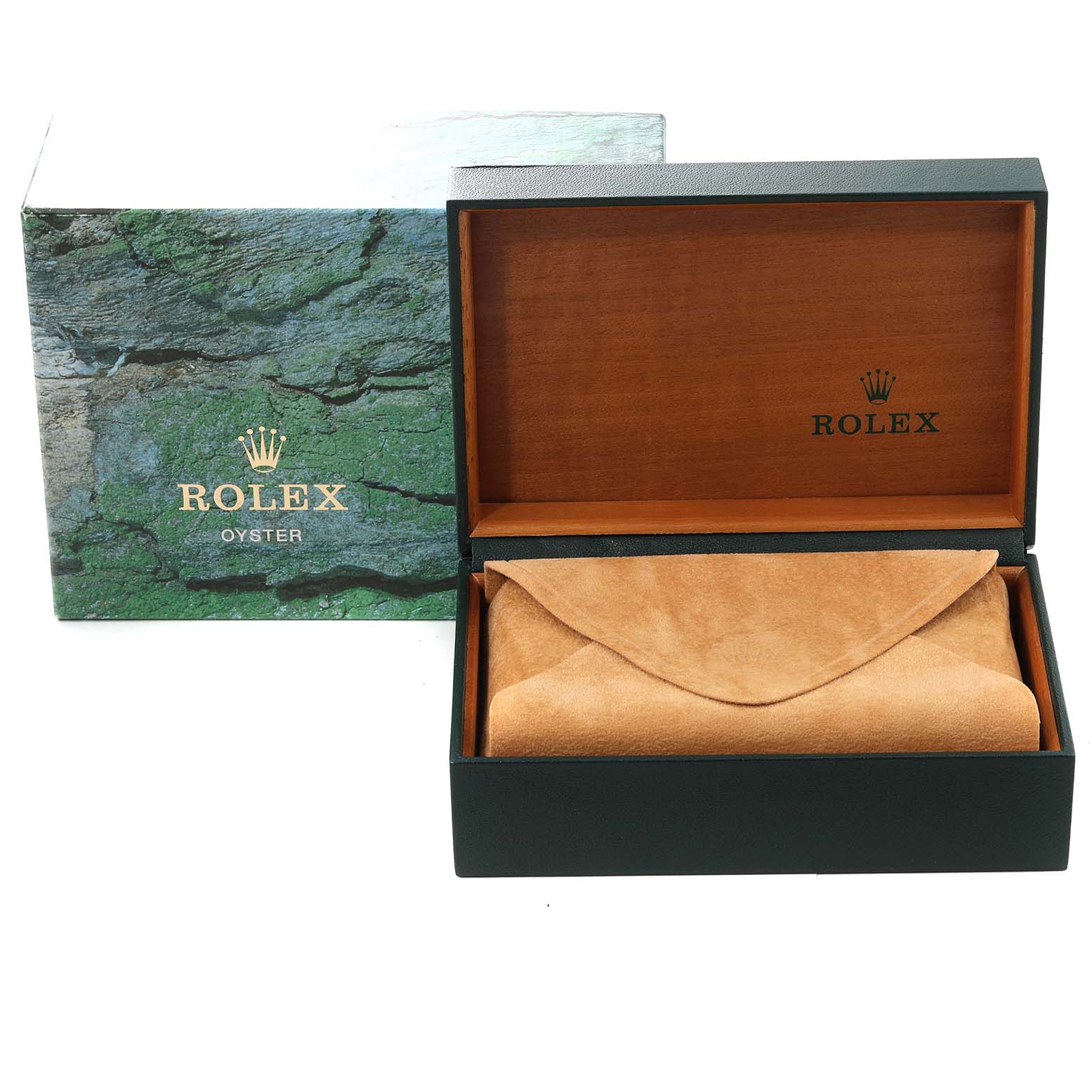 This image shows the packaging box and case for a Rolex Air-King 14010 Men's Stainless Steel White Dial 14010 Men's Stainless Steel White Dial watch, with the box open to reveal a suede watch pouch inside.