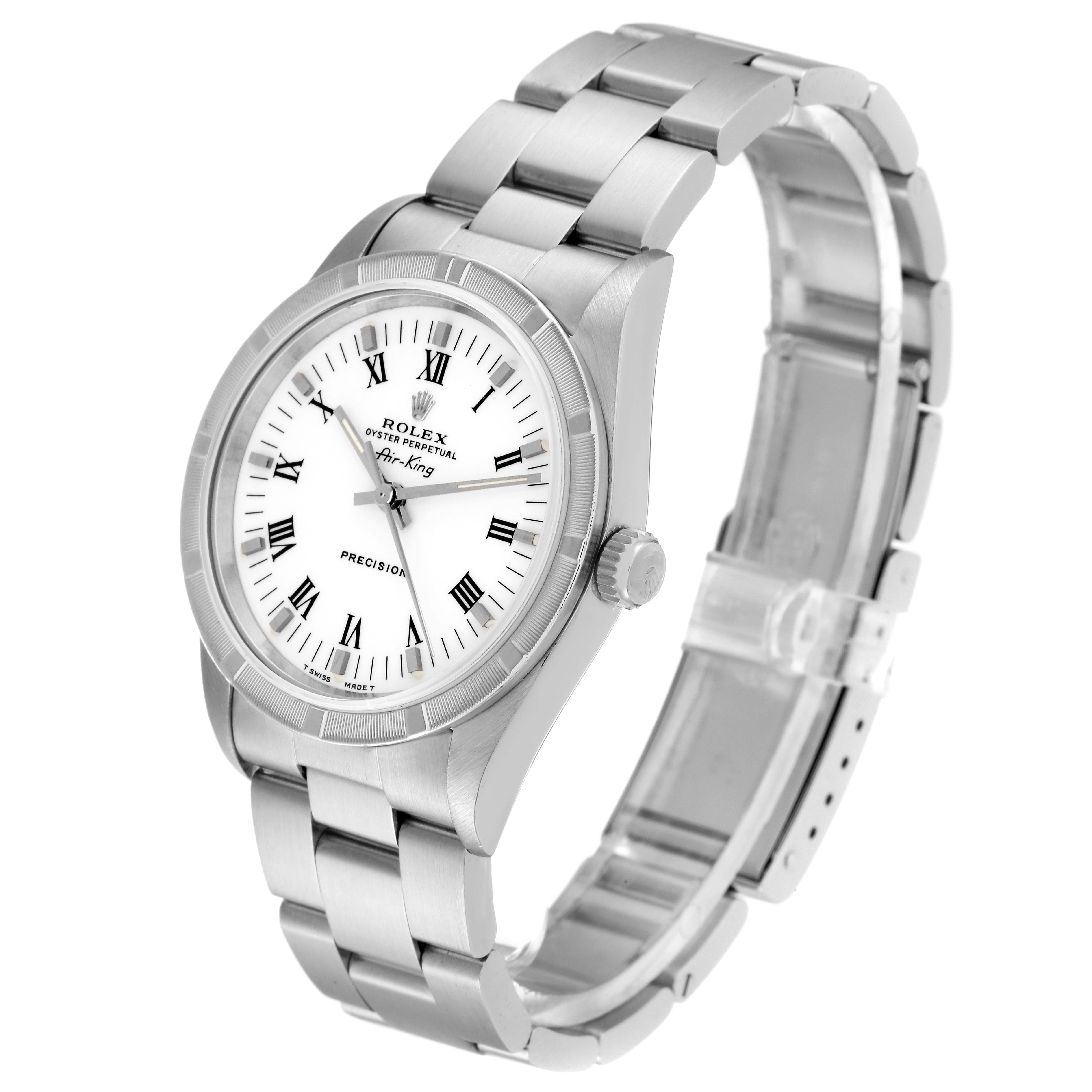 The image displays a Rolex Air-King 14010 Men's Stainless Steel White Dial 14010 Men's Stainless Steel White Dial watch at a front-left angle, showcasing its dial, case, crown, and bracelet.