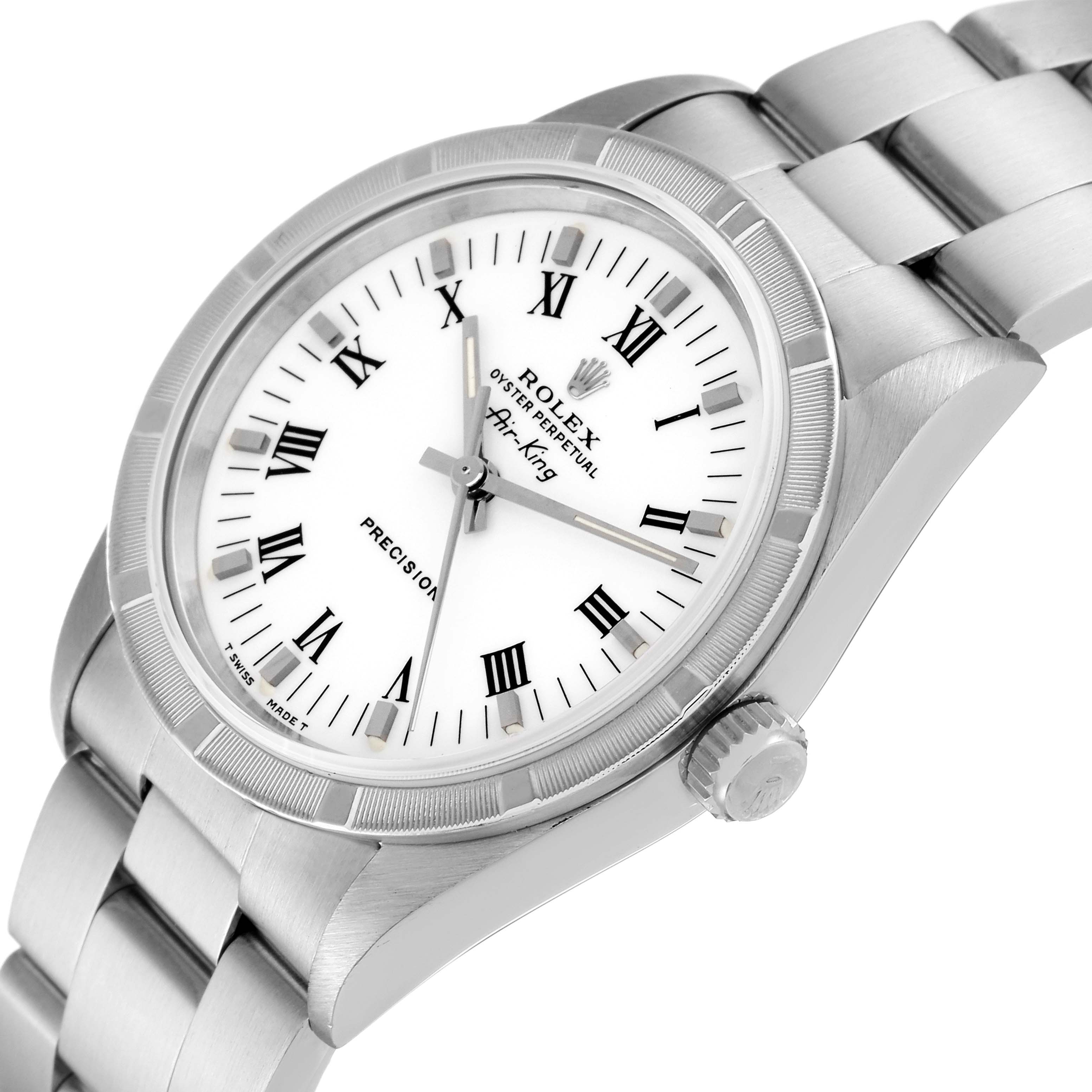 The image shows a close-up angled view of the face and bracelet of a Rolex Air-King 14010 Men's Stainless Steel White Dial 14010 Men's Stainless Steel White Dial watch.