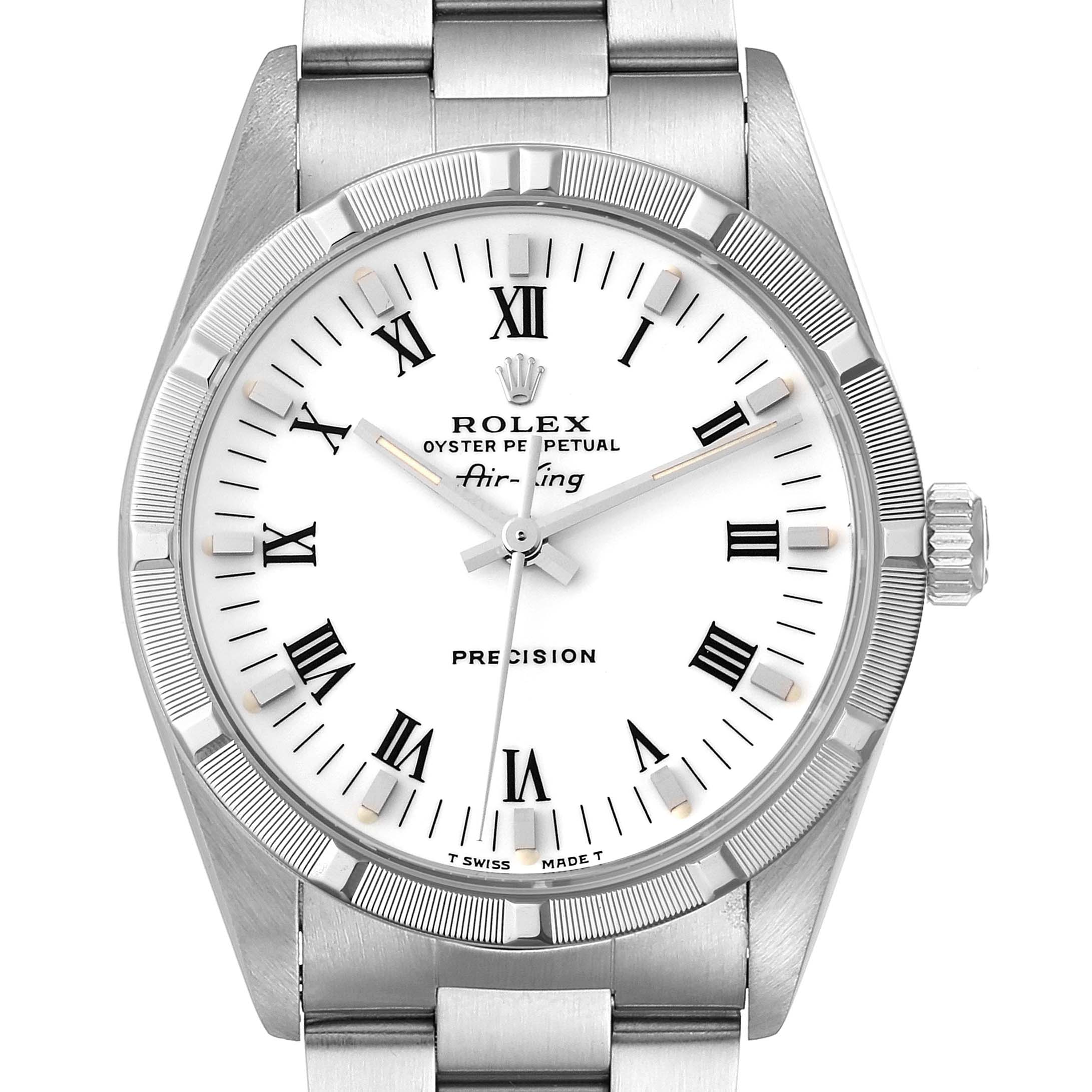 The image shows a front view of the watch face, bezel, and part of the bracelet of a Rolex Air-King 14010 Men's Stainless Steel White Dial 14010 Men's Stainless Steel White Dial model.