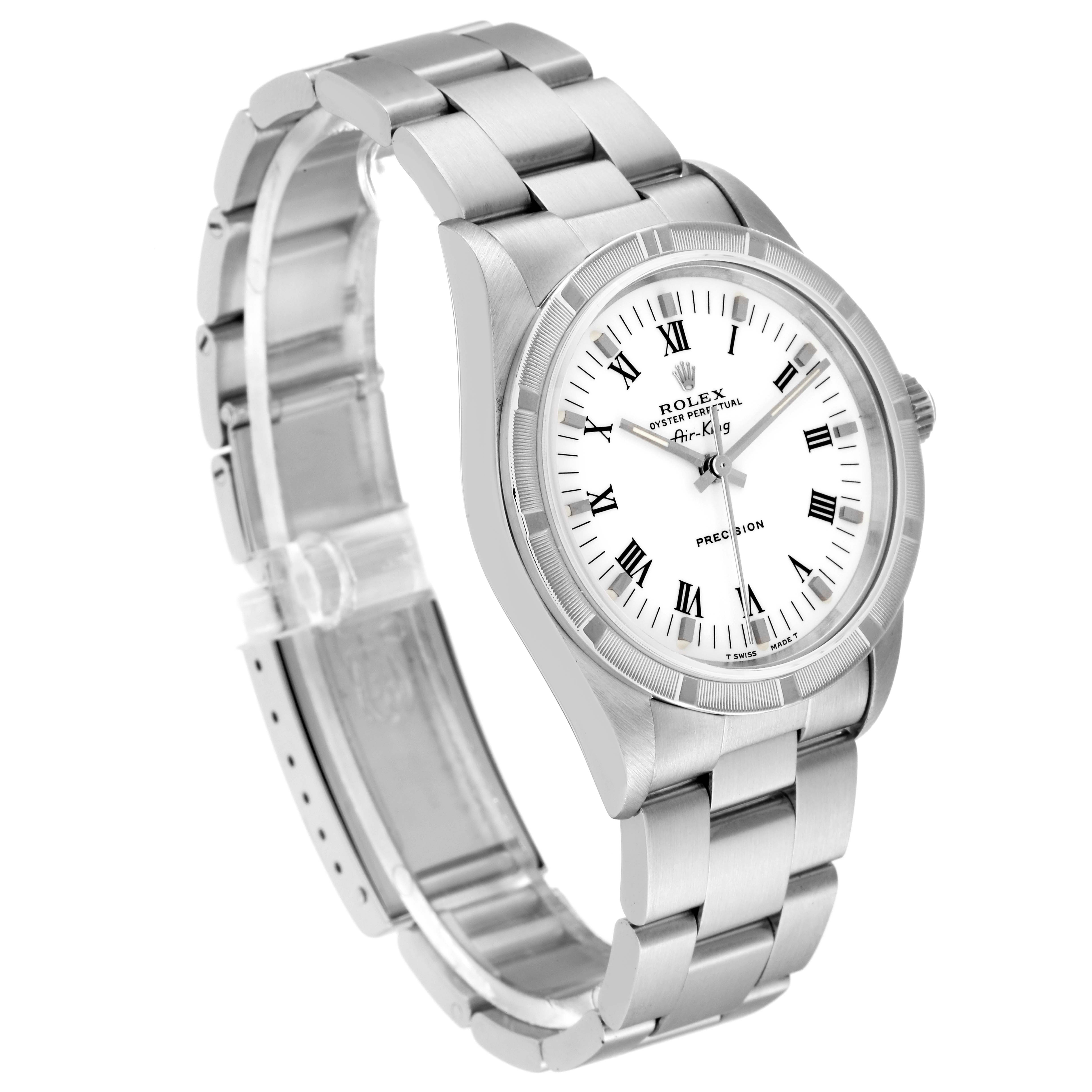 The image shows a Rolex Air-King 14010 Men's Stainless Steel White Dial 14010 Men's Stainless Steel White Dial watch angled to display its face and stainless steel bracelet.