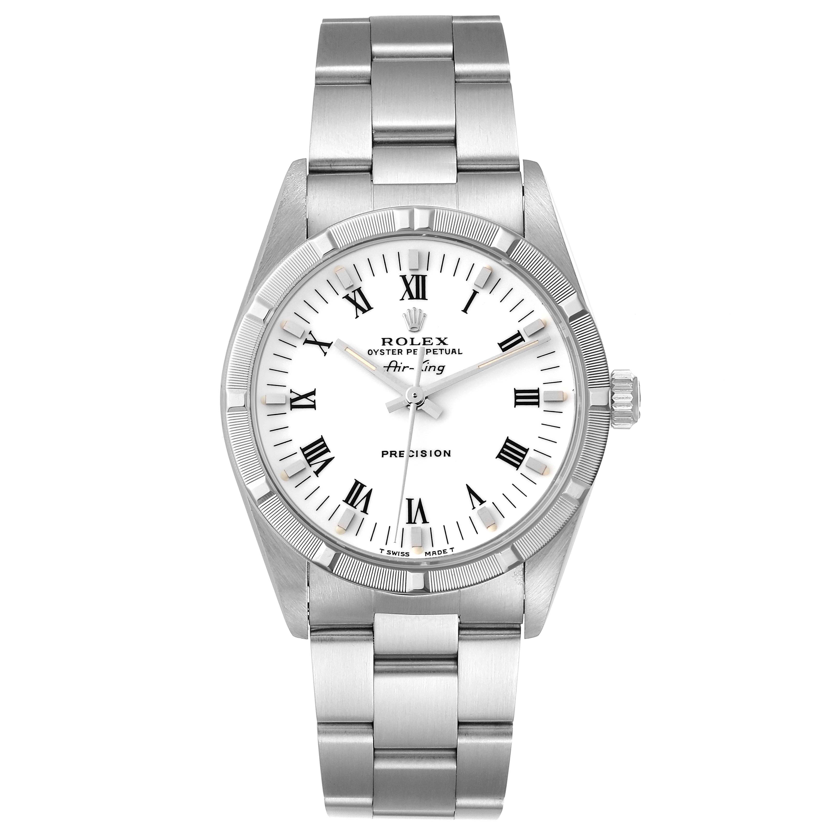 This image shows a front view of the Rolex Air-King 14010 Men's Stainless Steel White Dial 14010 Men's Stainless Steel White Dial watch, displaying the dial, bracelet, and crown.