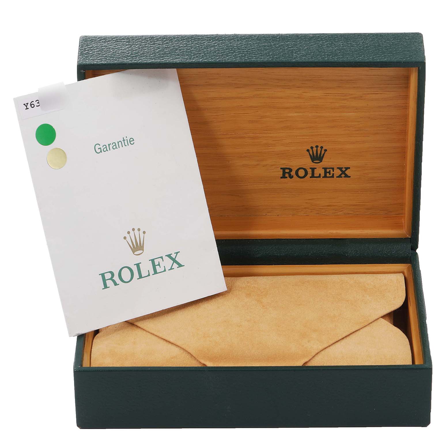 The image shows an open Rolex Air-King 14010 Men's Stainless Steel Silver Dial 14010 Men's Stainless Steel Silver Dial watch box with a warranty booklet on the left.
