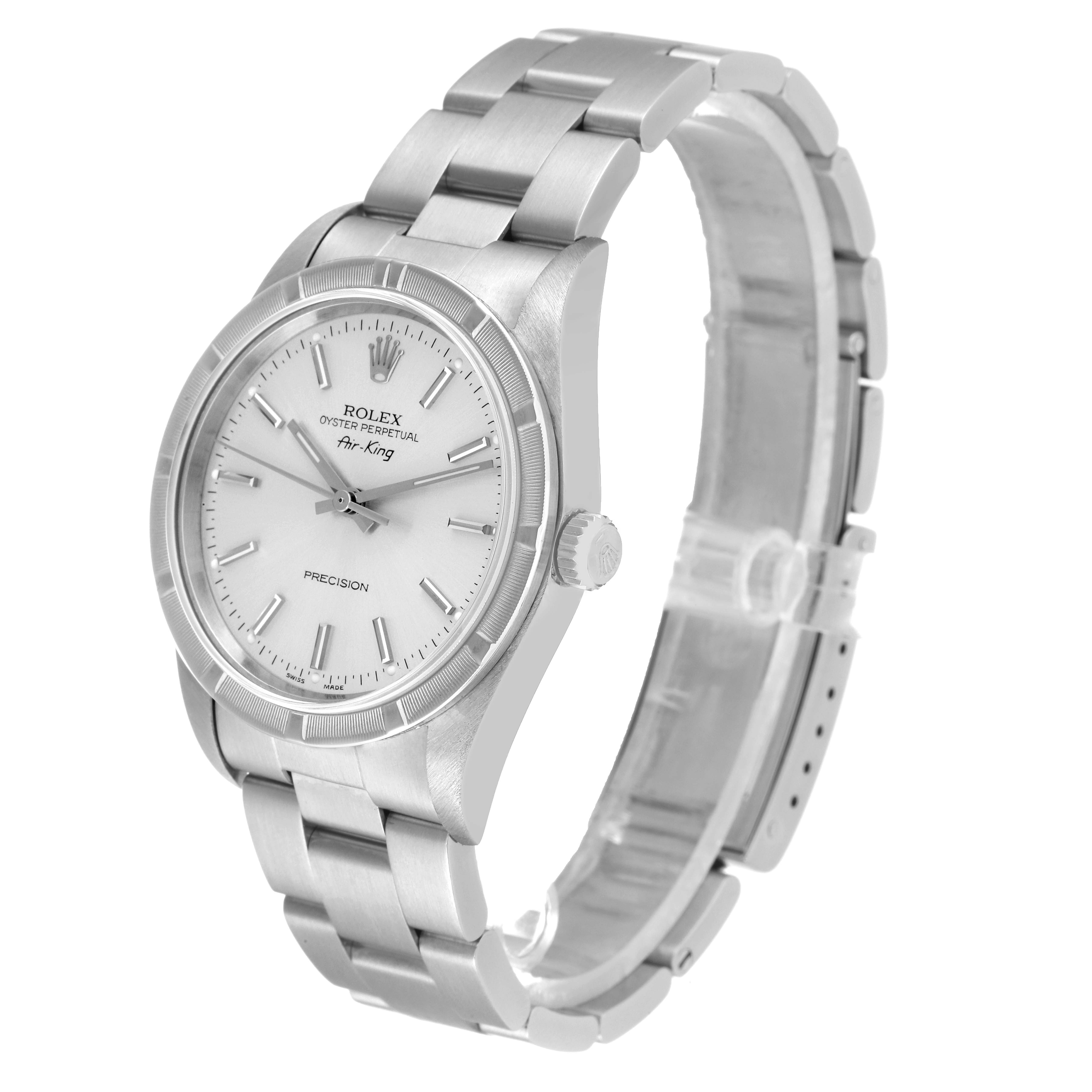 The image shows a Rolex Air-King 14010 Men's Stainless Steel Silver Dial 14010 Men's Stainless Steel Silver Dial watch at a three-quarter angle, highlighting its face, bezel, case, and bracelet.