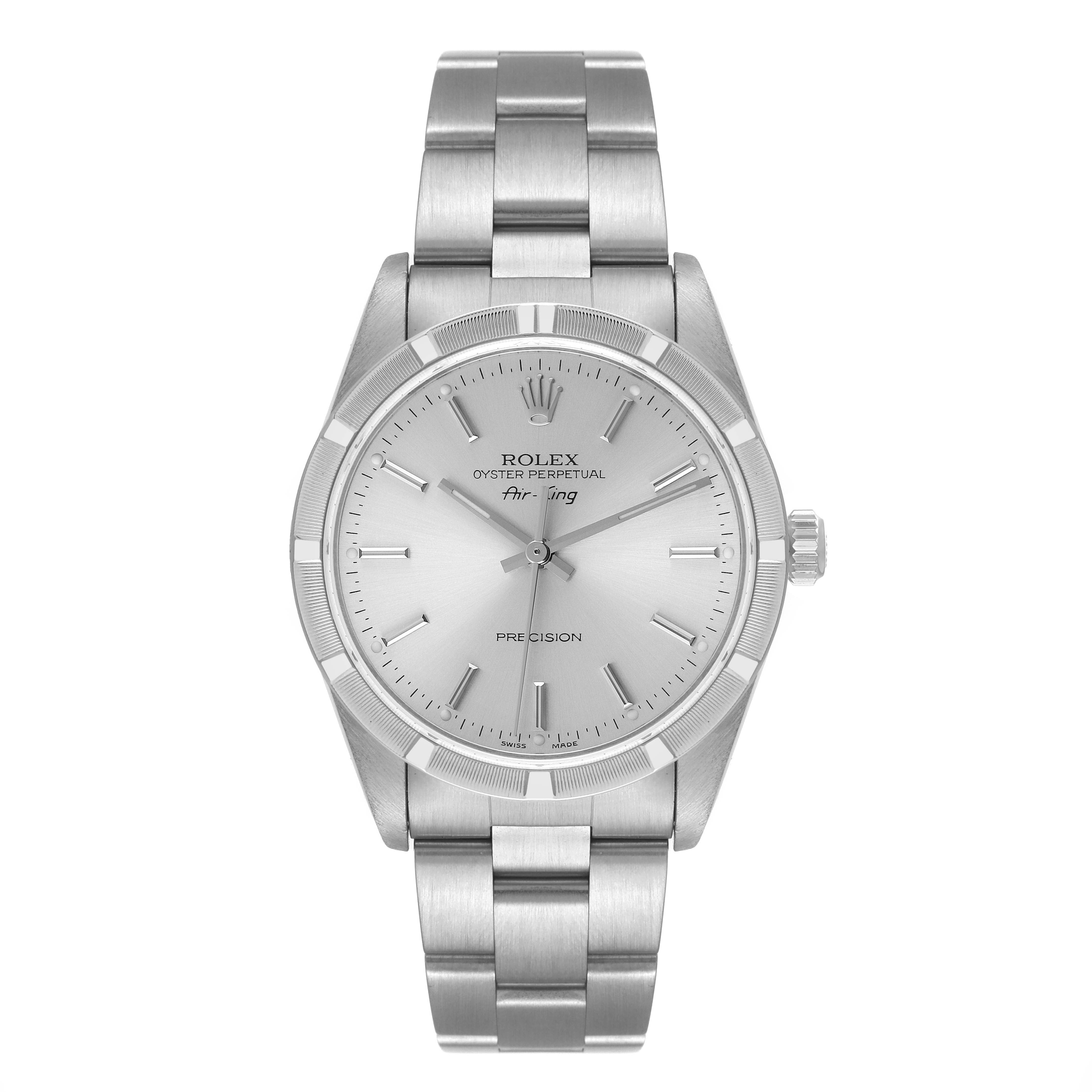 The Rolex Air-King 14010 Men's Stainless Steel Silver Dial 14010 Men's Stainless Steel Silver Dial watch is shown from a front angle, displaying the dial, bezel, case, and bracelet.