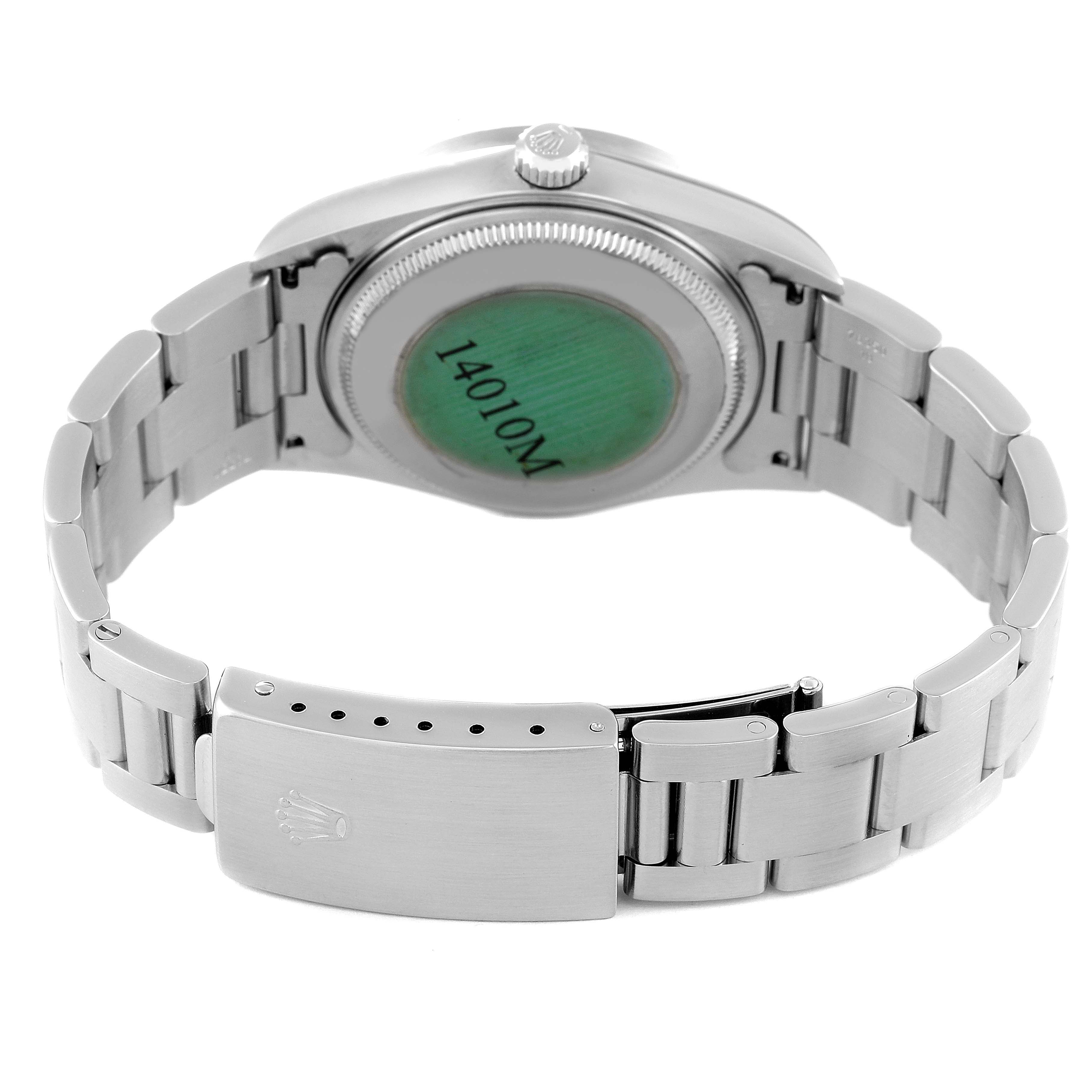 This image shows the back and bracelet clasp of a Rolex Air-King 14010 Men's Stainless Steel Silver Dial 14010 Men's Stainless Steel Silver Dial watch.