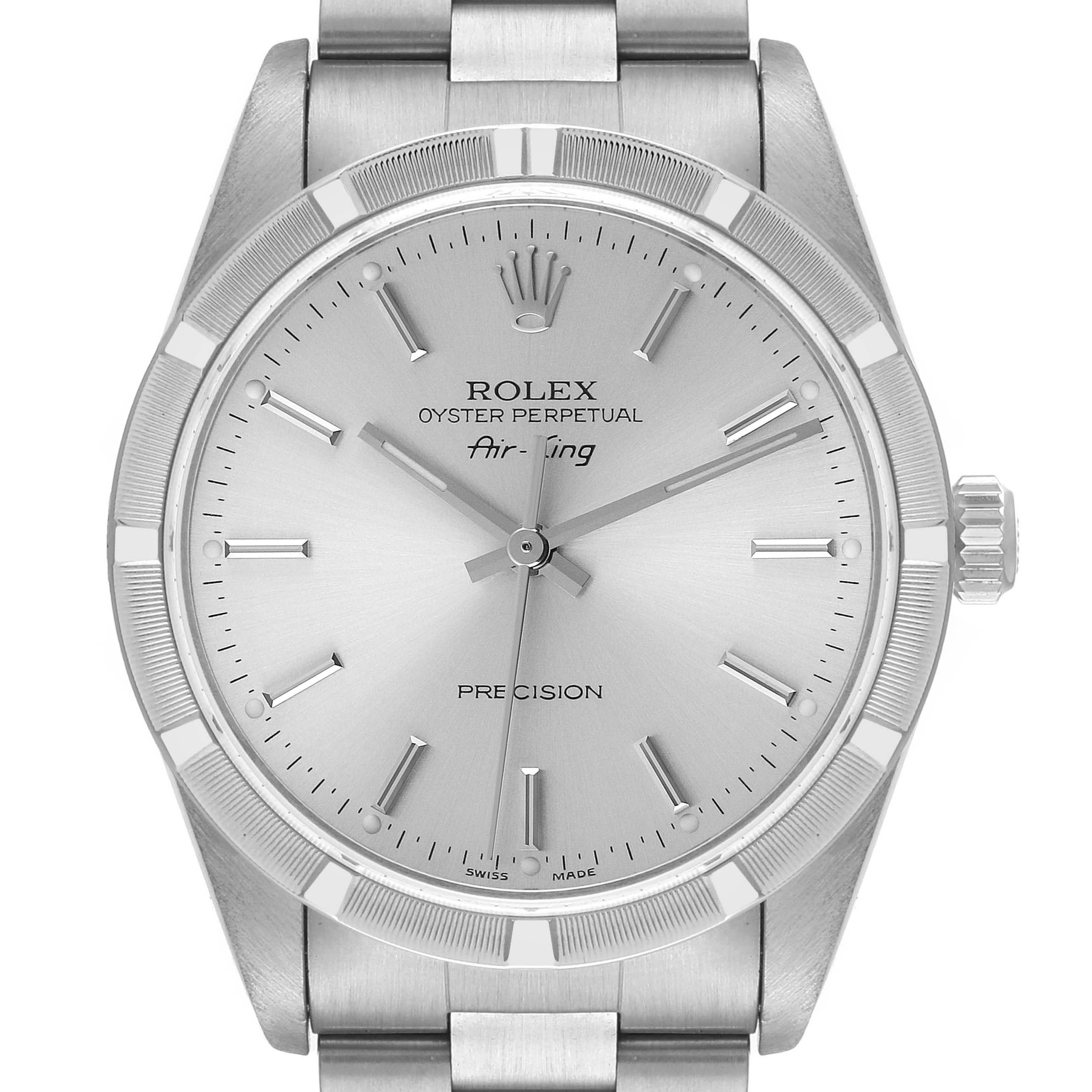 The Rolex Air-King 14010 Men's Stainless Steel Silver Dial 14010 Men's Stainless Steel Silver Dial watch is photographed head-on, showing the face, bezel, crown, and part of the bracelet.