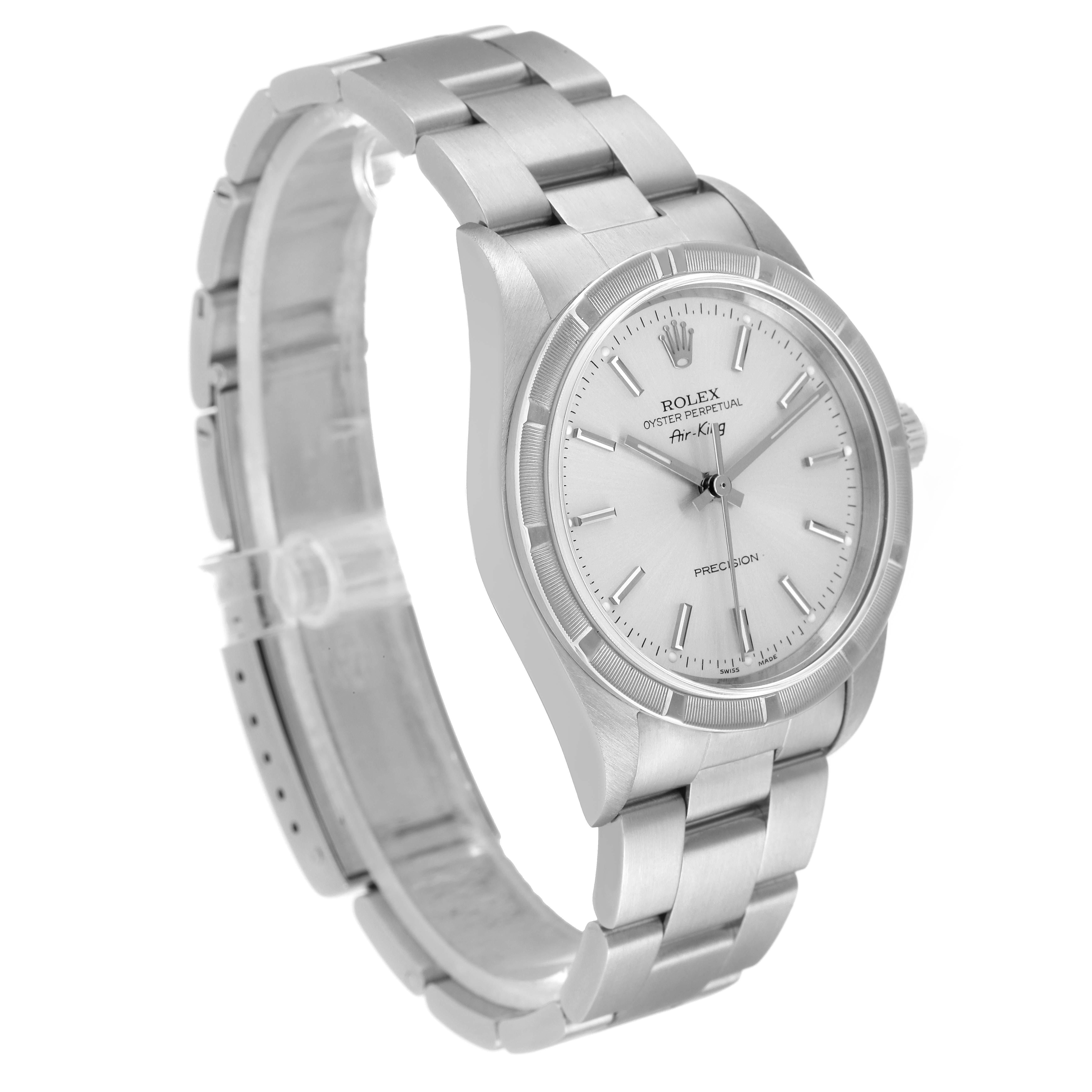 This image shows a Rolex Air-King 14010 Men's Stainless Steel Silver Dial 14010 Men's Stainless Steel Silver Dial watch from a left-angle view, displaying its silver bracelet, case, and dial.