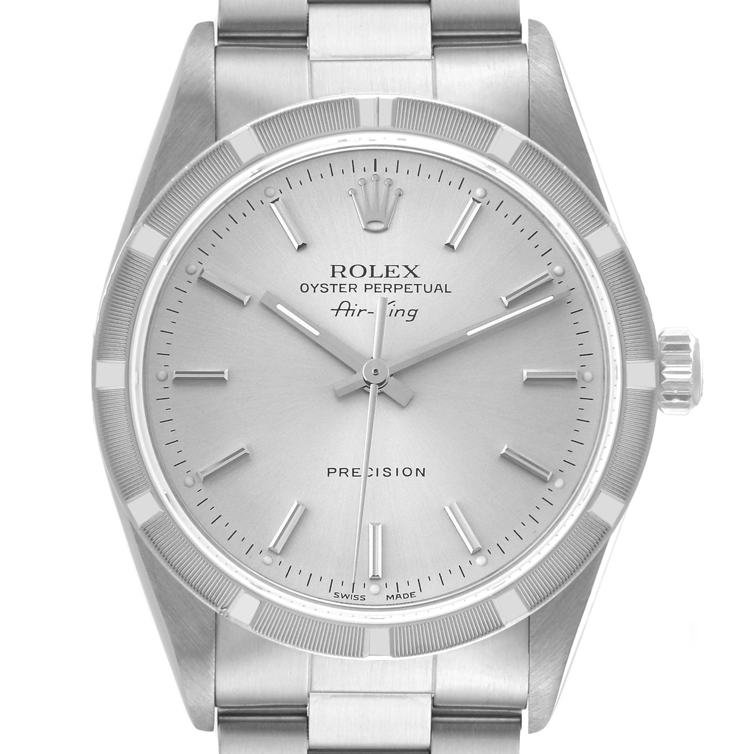 The image shows a front view of the Rolex Air-King 14010 Men's Stainless Steel Silver Dial 14010 Men's Stainless Steel Silver Dial watch, highlighting its dial, hands, indices, crown, and part of the bracelet.
