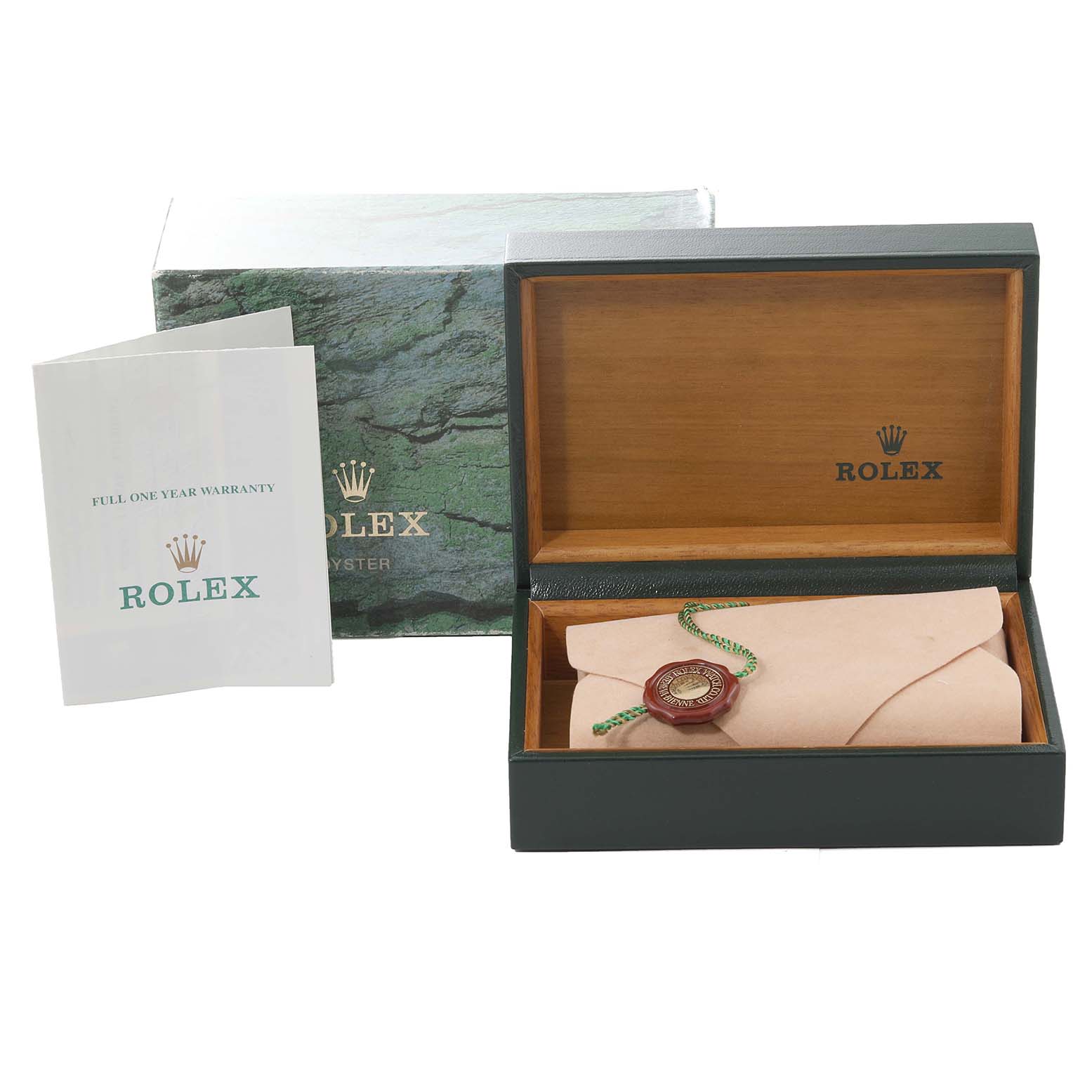 The image shows the packaging and accessories for the Rolex Air-King 14010 Men's Stainless Steel Silver Dial 14010 Men's Stainless Steel Silver Dial, including a warranty booklet, watch box, and leather pouch.