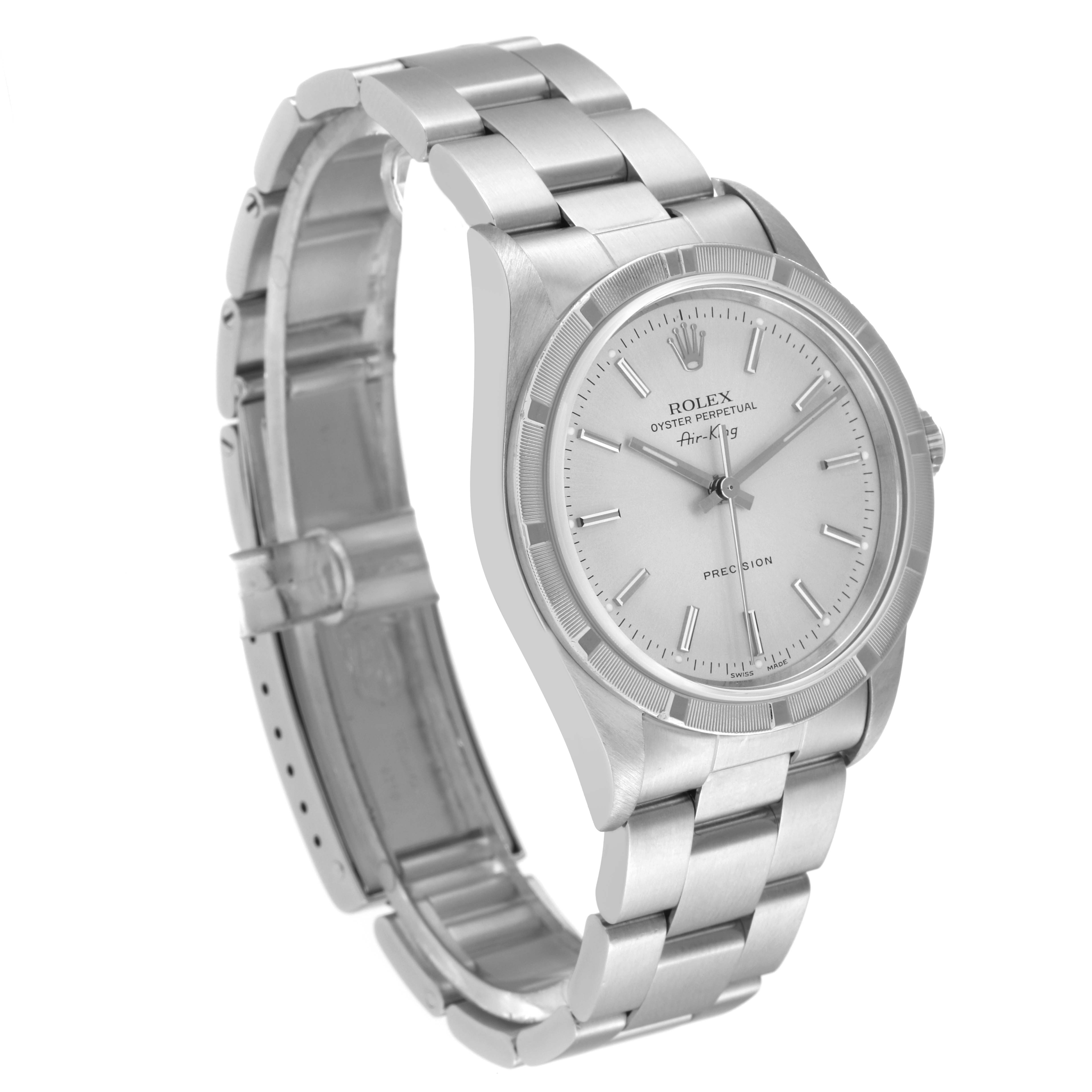 The image shows a side angle of the Rolex Air-King 14010 Men's Stainless Steel Silver Dial 14010 Men's Stainless Steel Silver Dial watch, featuring its silver bracelet and white dial.
