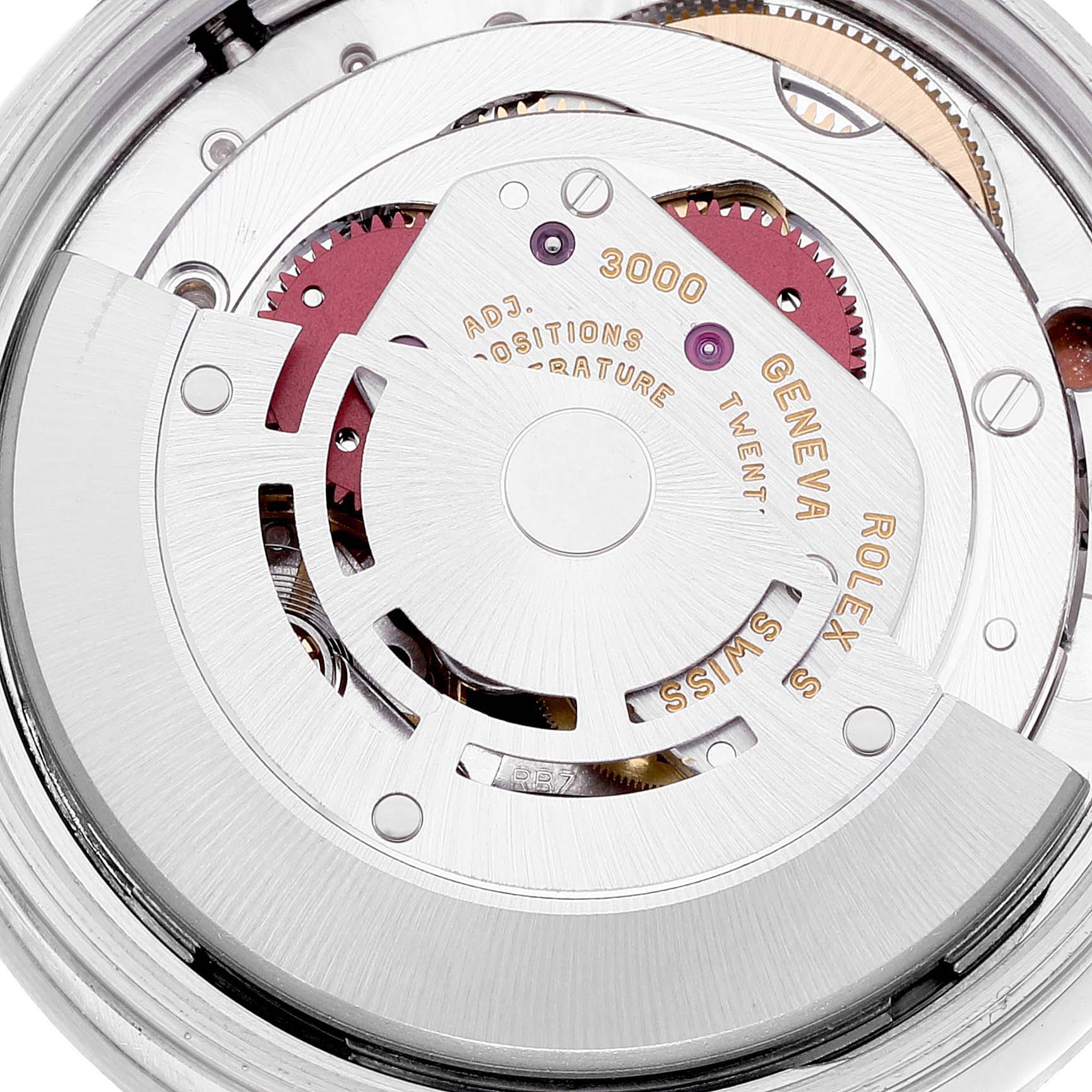This image shows the intricate internal mechanism of the Rolex Air-King 14010 Men's Stainless Steel Silver Dial 14010 Men's Stainless Steel Silver Dial watch, including gears and movement components.