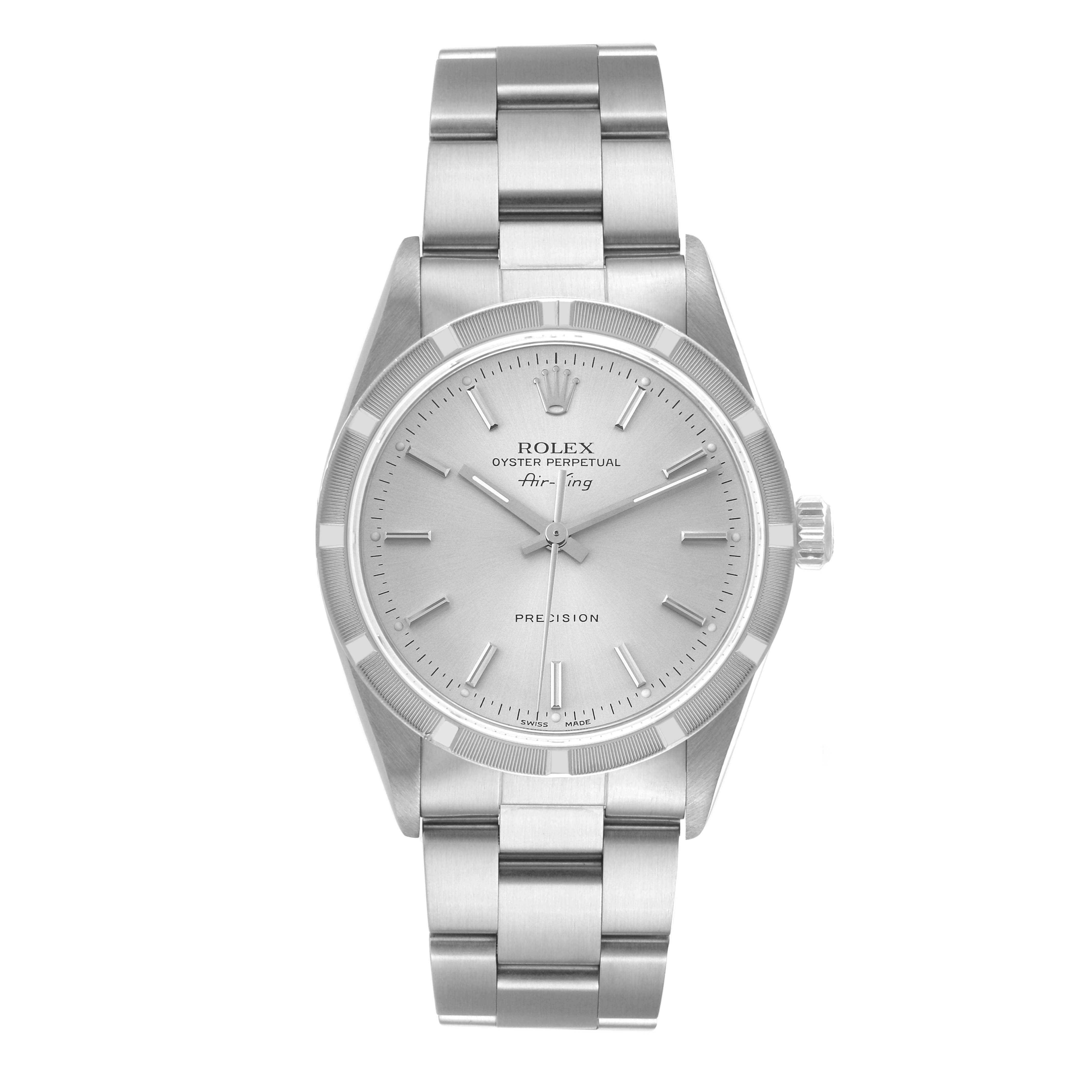 The Rolex Air-King 14010 Men's Stainless Steel Silver Dial 14010 Men's Stainless Steel Silver Dial watch is shown from a front angle, displaying its face, bezel, and bracelet.