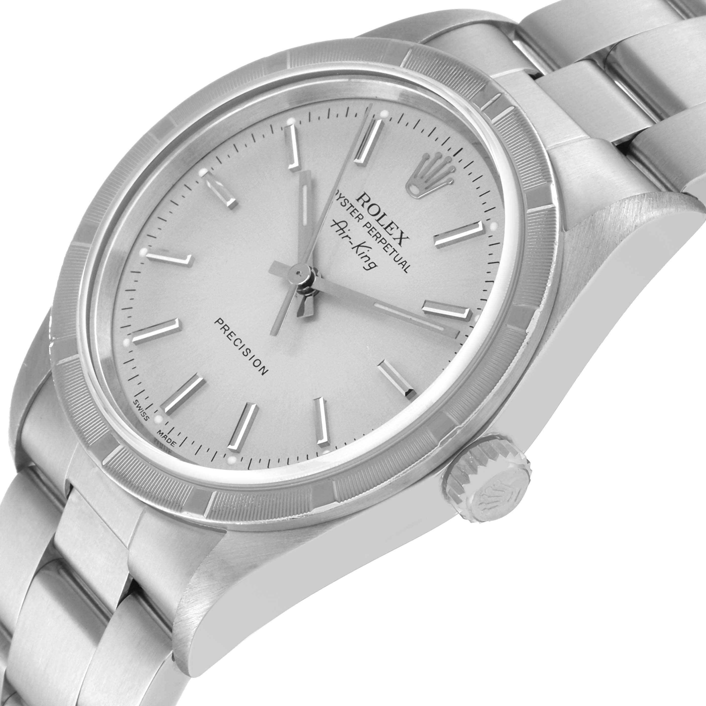 The image shows a close-up, angled view of the Rolex Air-King 14010 Men's Stainless Steel Silver Dial 14010 Men's Stainless Steel Silver Dial watch's face, bezel, crown, and part of the bracelet.