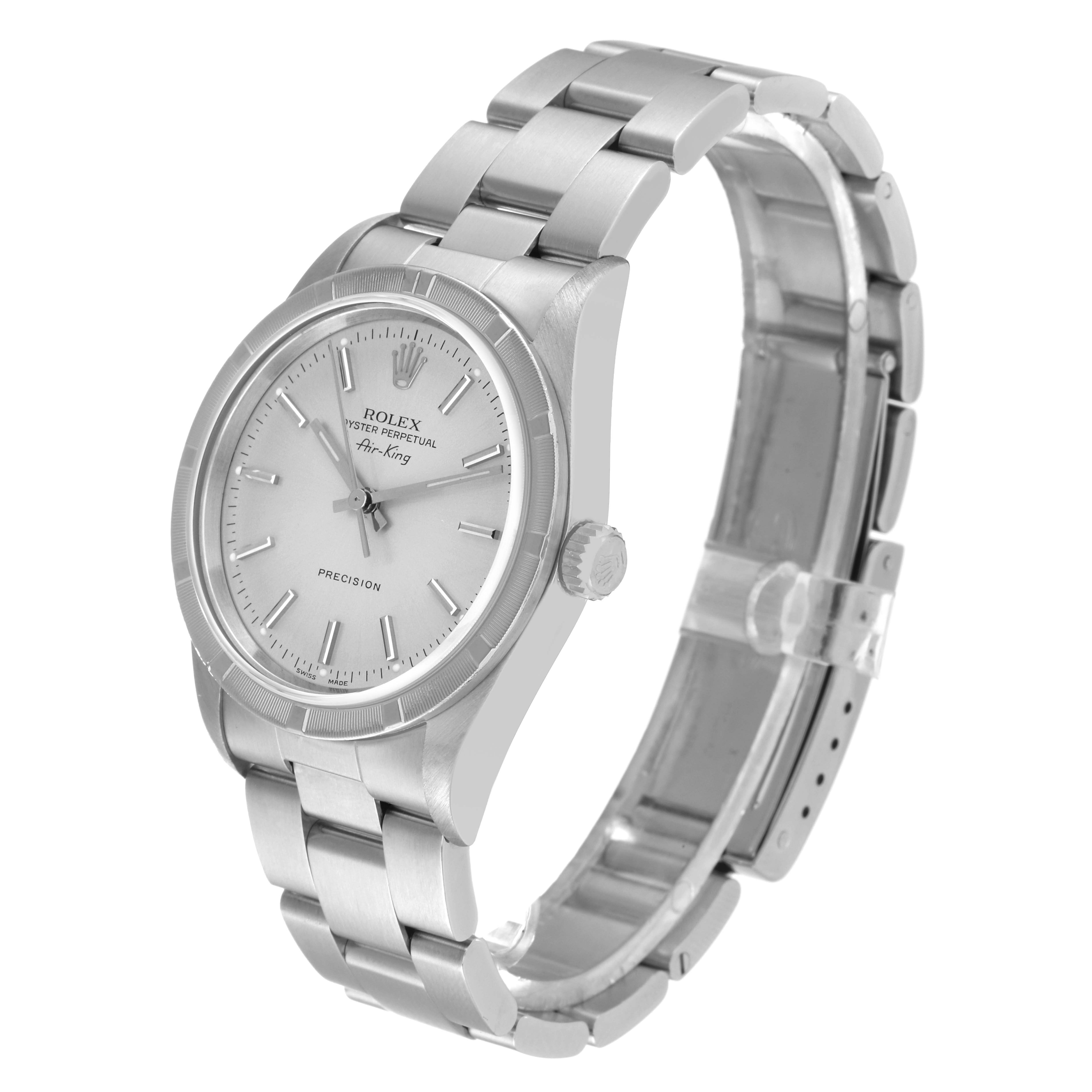 The image shows a Rolex Air-King 14010 Men's Stainless Steel Silver Dial 14010 Men's Stainless Steel Silver Dial watch at an angled side view, displaying the dial, crown, and bracelet.