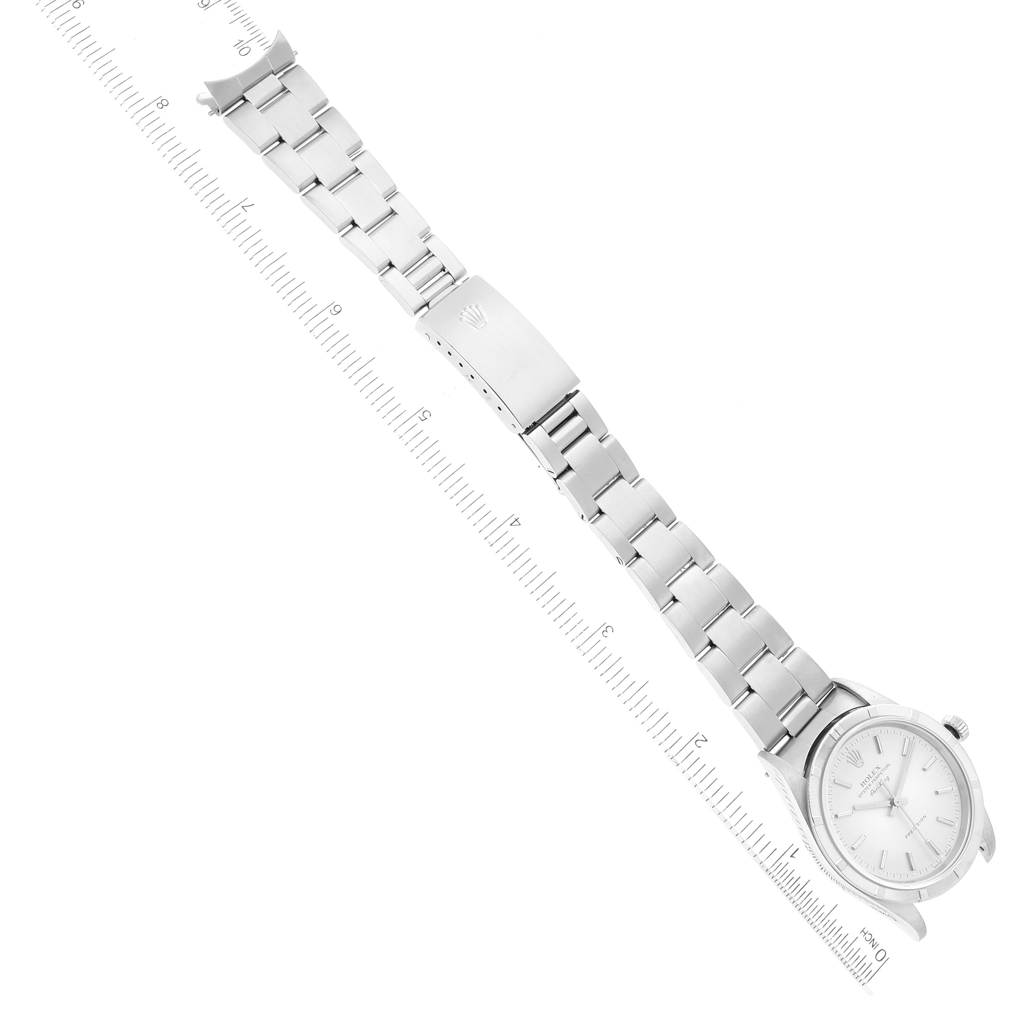 The Rolex Air-King 14010 Men's Stainless Steel Silver Dial 14010 Men's Stainless Steel Silver Dial watch is shown from a top-down angle, displaying the full bracelet, clasp, and face.