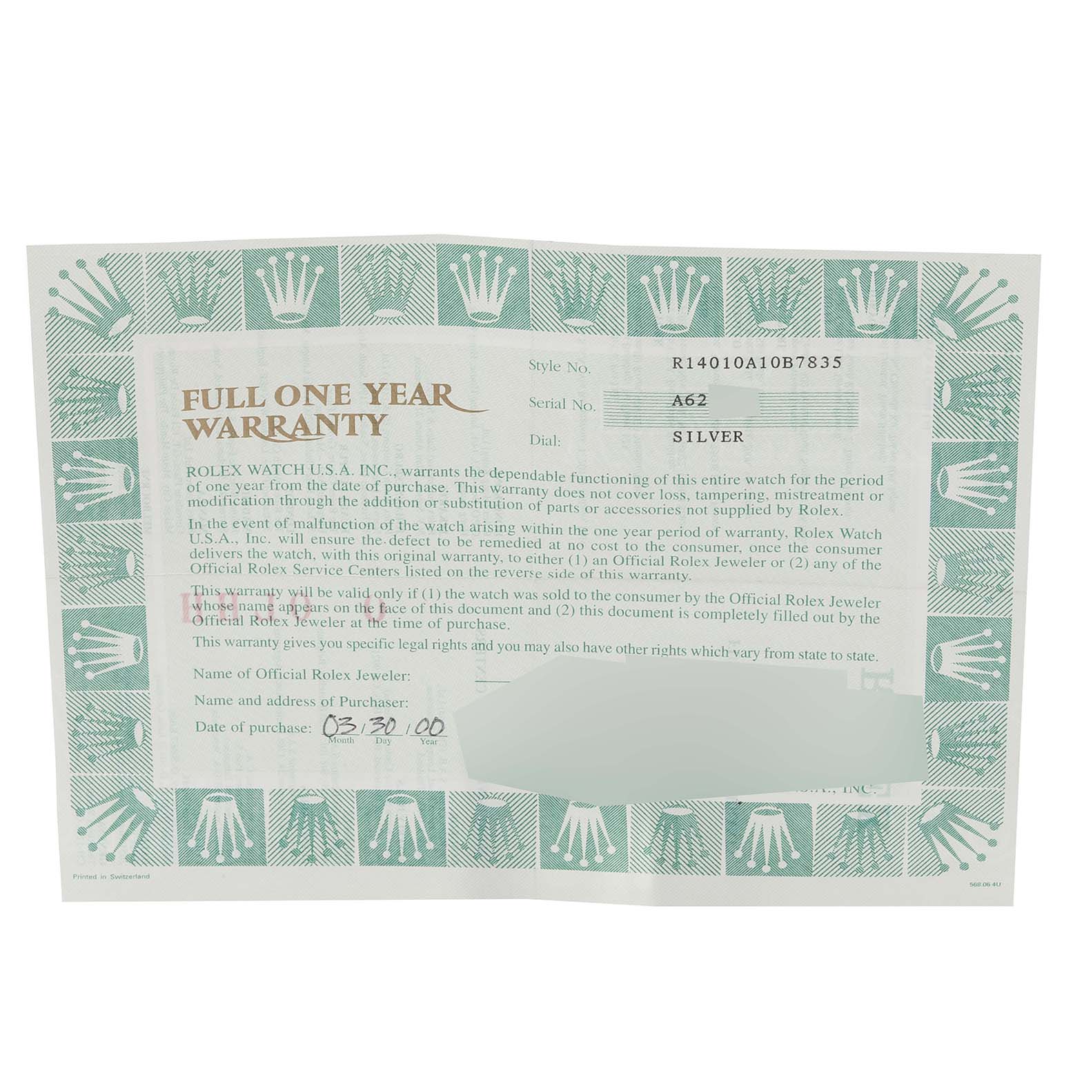 The image shows a Rolex Air-King 14010 Men's Stainless Steel Silver Dial 14010 Men's Stainless Steel Silver Dial full one-year warranty certificate with details like style, serial number, dial color, date of purchase, and relevant terms and conditions.