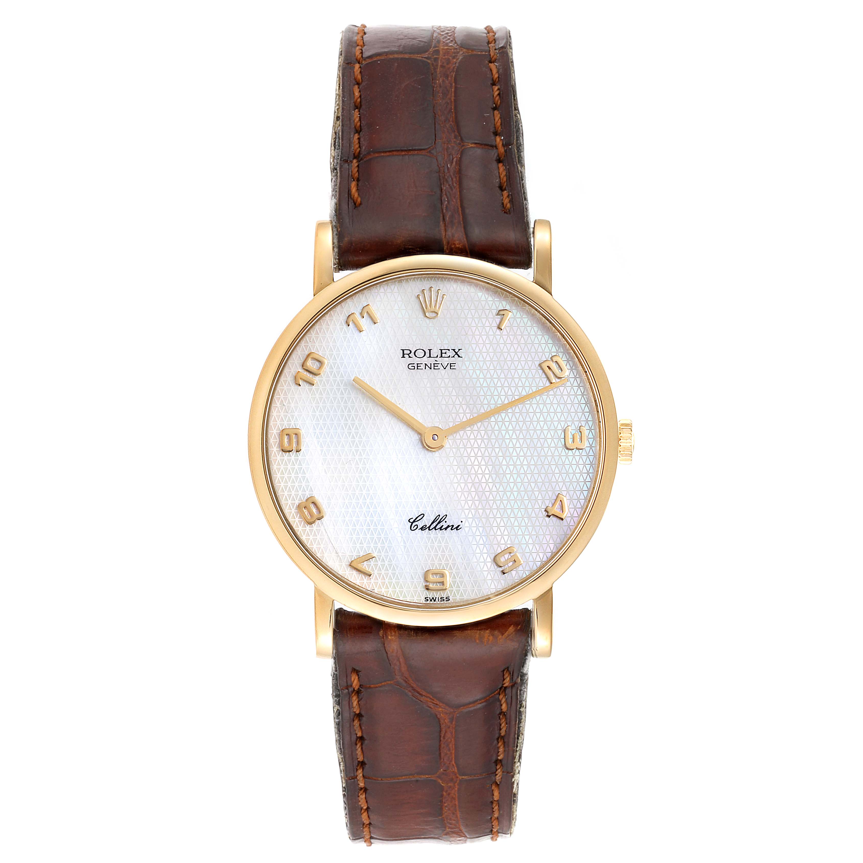 The image shows a front view of a Rolex Cellini 5112 Men's Yellow Gold Mother of Pearl Dial 5112 Men's Yellow Gold Mother of Pearl Dial watch with a brown leather strap and a gold-tone case.