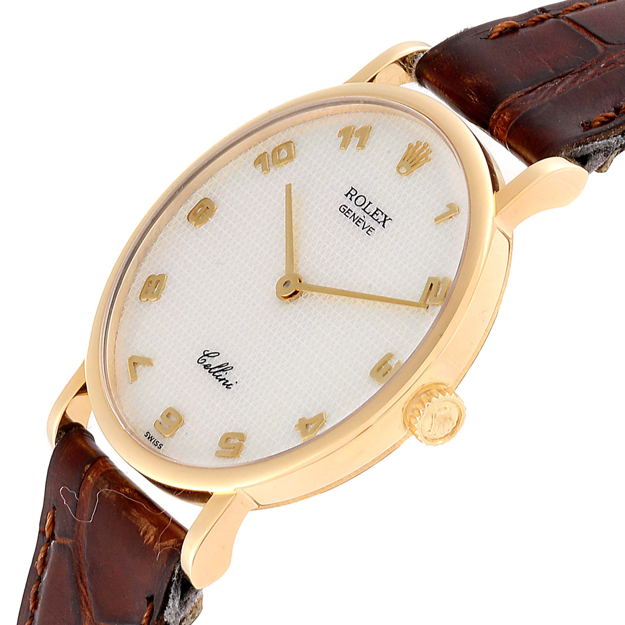 The image shows a Rolex Cellini 5112 Men's Yellow Gold Mother of Pearl Dial 5112 Men's Yellow Gold Mother of Pearl Dial watch at an angled view, highlighting the dial, hands, crown, and leather strap.