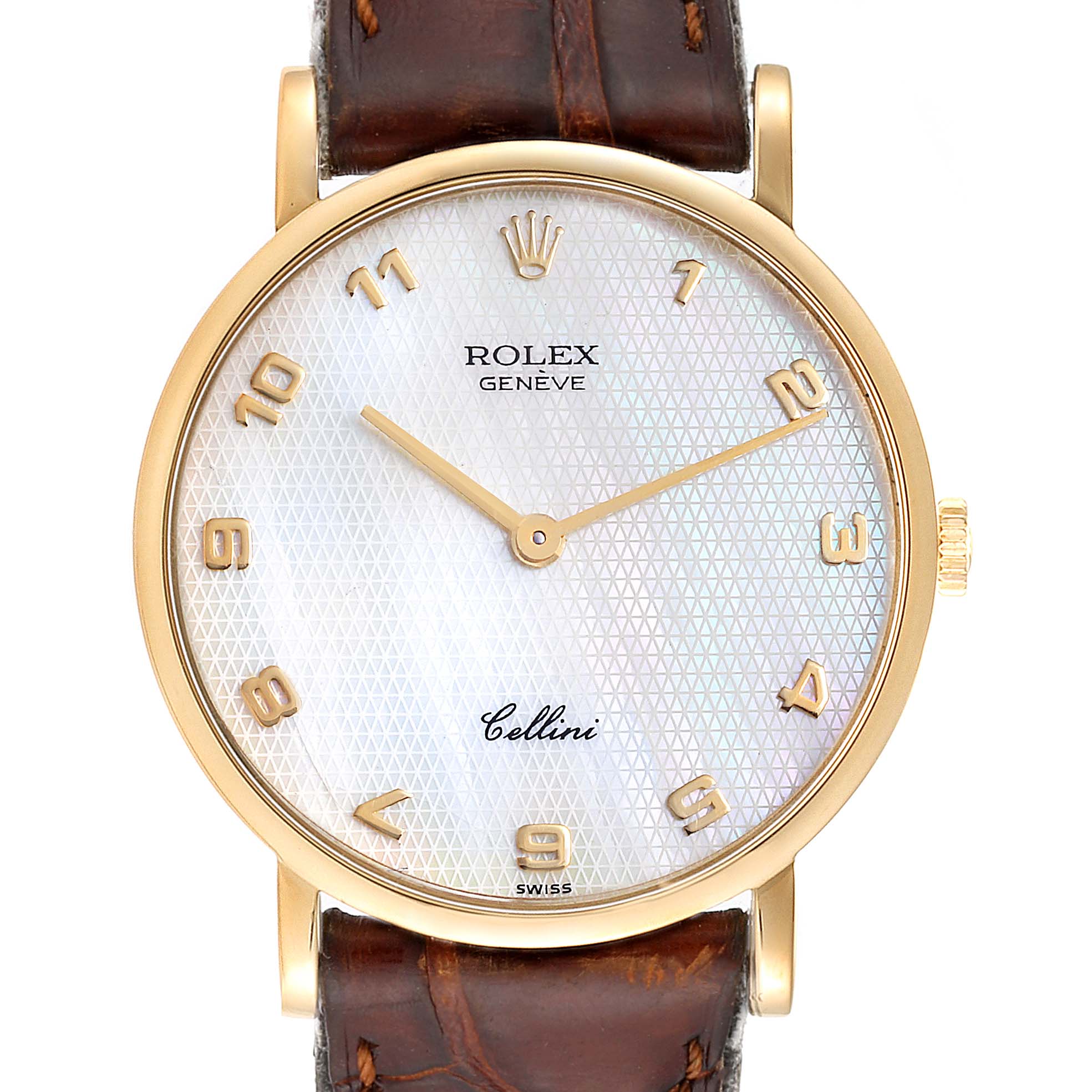 This is a front view of a Rolex Cellini 5112 Men's Yellow Gold Mother of Pearl Dial 5112 Men's Yellow Gold Mother of Pearl Dial watch, showing its dial, hands, crown, and part of the leather strap.
