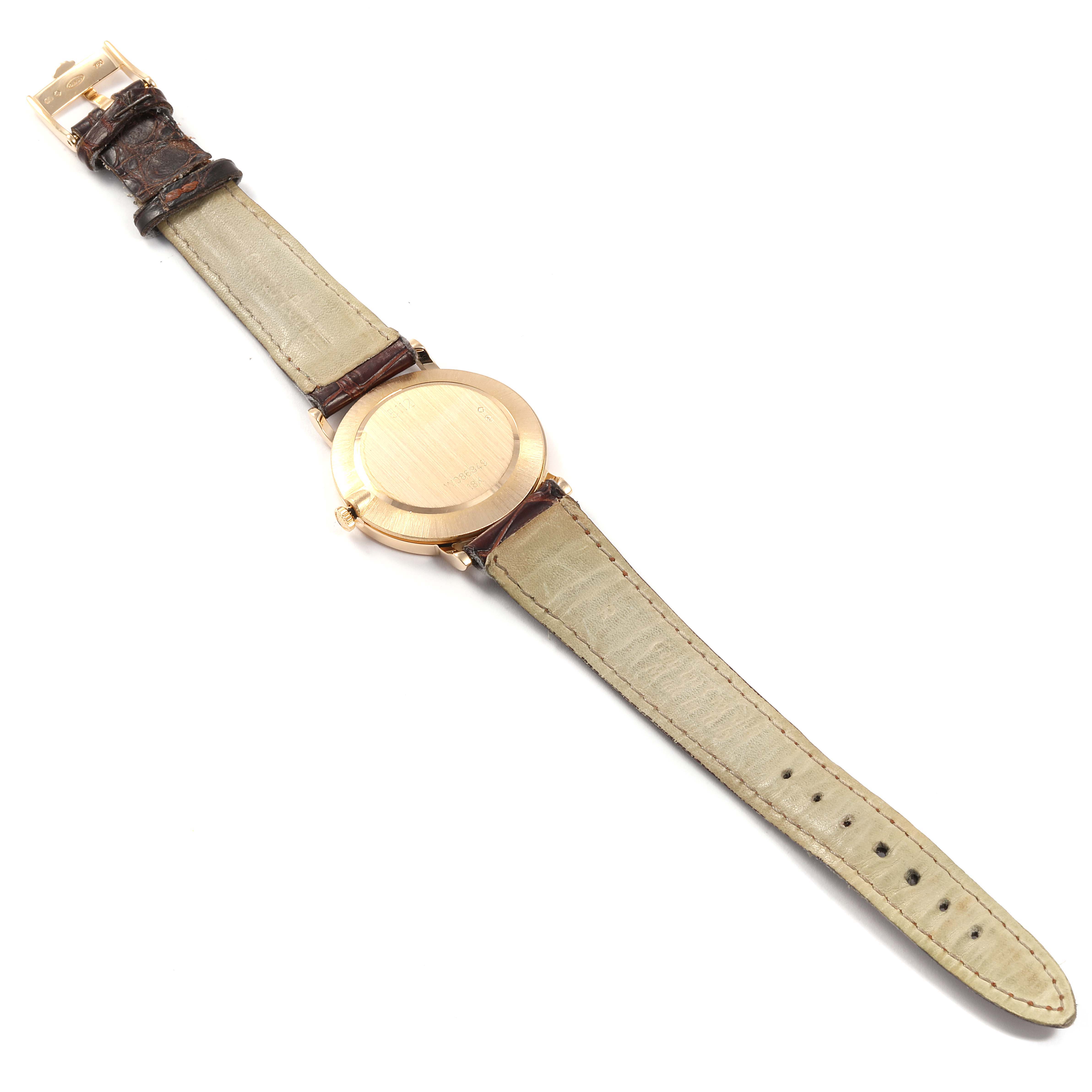 The image shows the back view of a Rolex Cellini 5112 Men's Yellow Gold Mother of Pearl Dial 5112 Men's Yellow Gold Mother of Pearl Dial watch, highlighting its full strap and clasp.