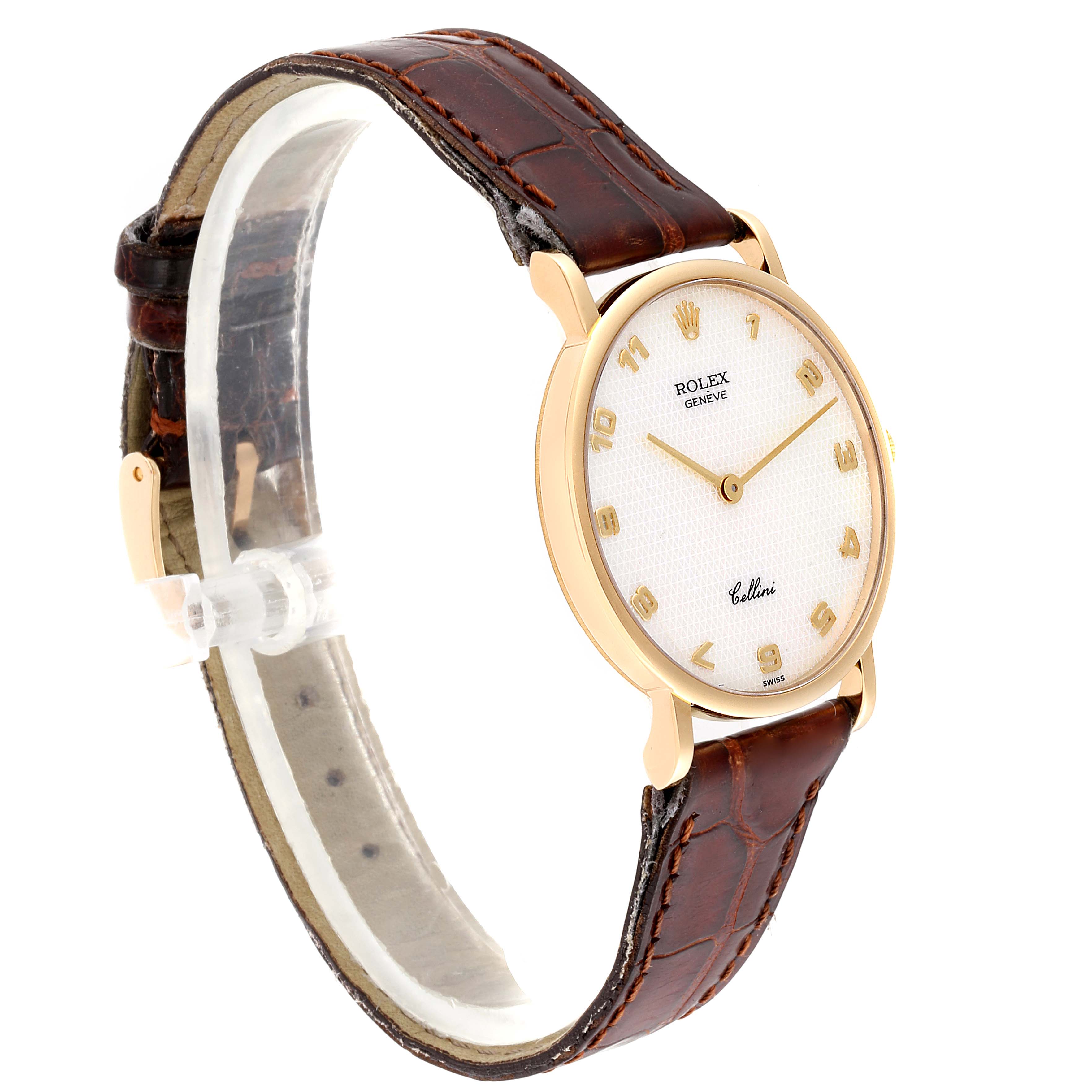 The Rolex Cellini 5112 Men's Yellow Gold Mother of Pearl Dial 5112 Men's Yellow Gold Mother of Pearl Dial watch is shown at a three-quarter angle, highlighting its face, leather strap, and bezel.