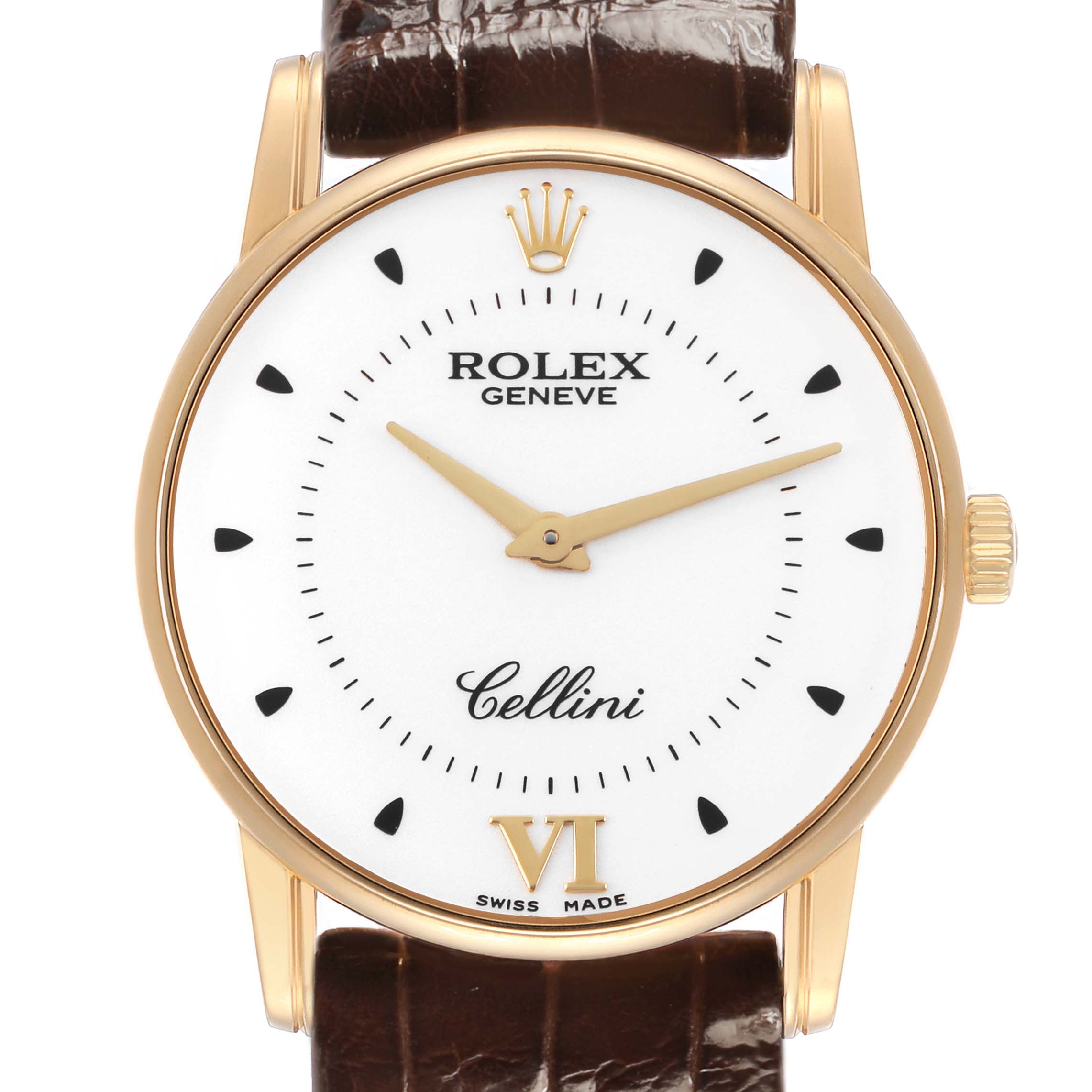The Rolex Cellini 5116/8 Men's Yellow Gold Silver Dial watch is shown from a front angle, displaying the dial, hands, and a portion of the leather strap.