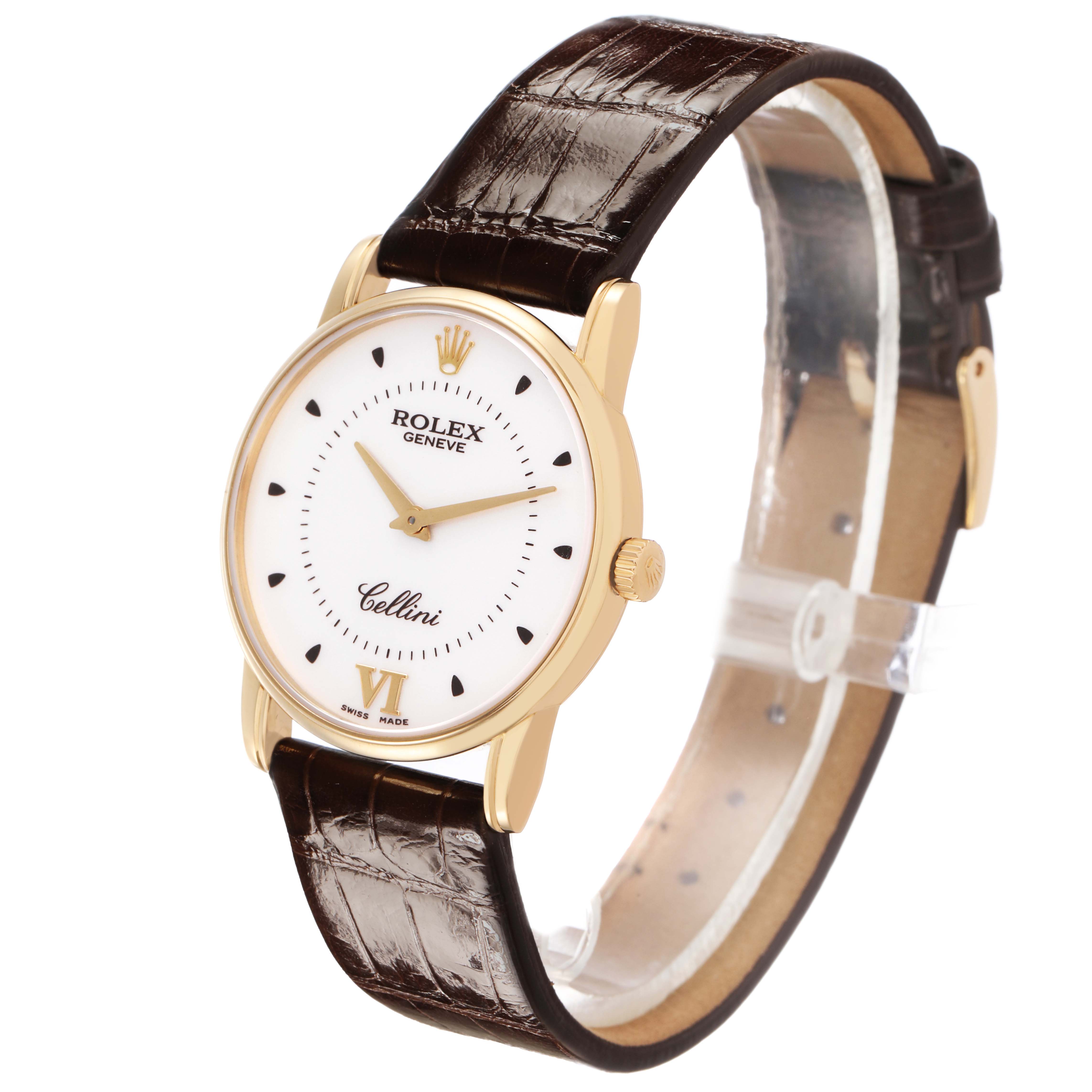 The Rolex Cellini 5116/8 Men's Yellow Gold Silver Dial watch is shown at a three-quarter angle, highlighting the face, gold case, and brown leather strap.