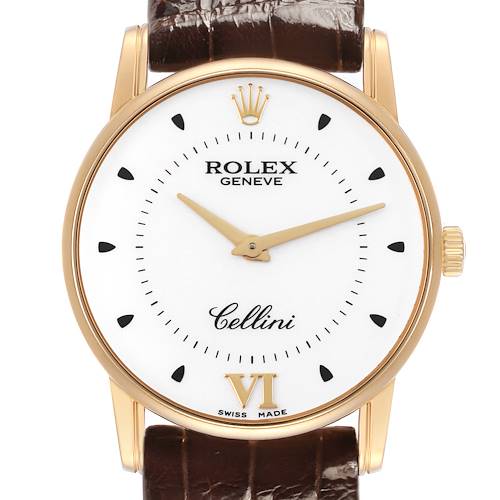 The Rolex Cellini 5116/8 Men's Yellow Gold Silver Dial watch is shown from a front angle, highlighting the dial, case, and crown with a leather strap.