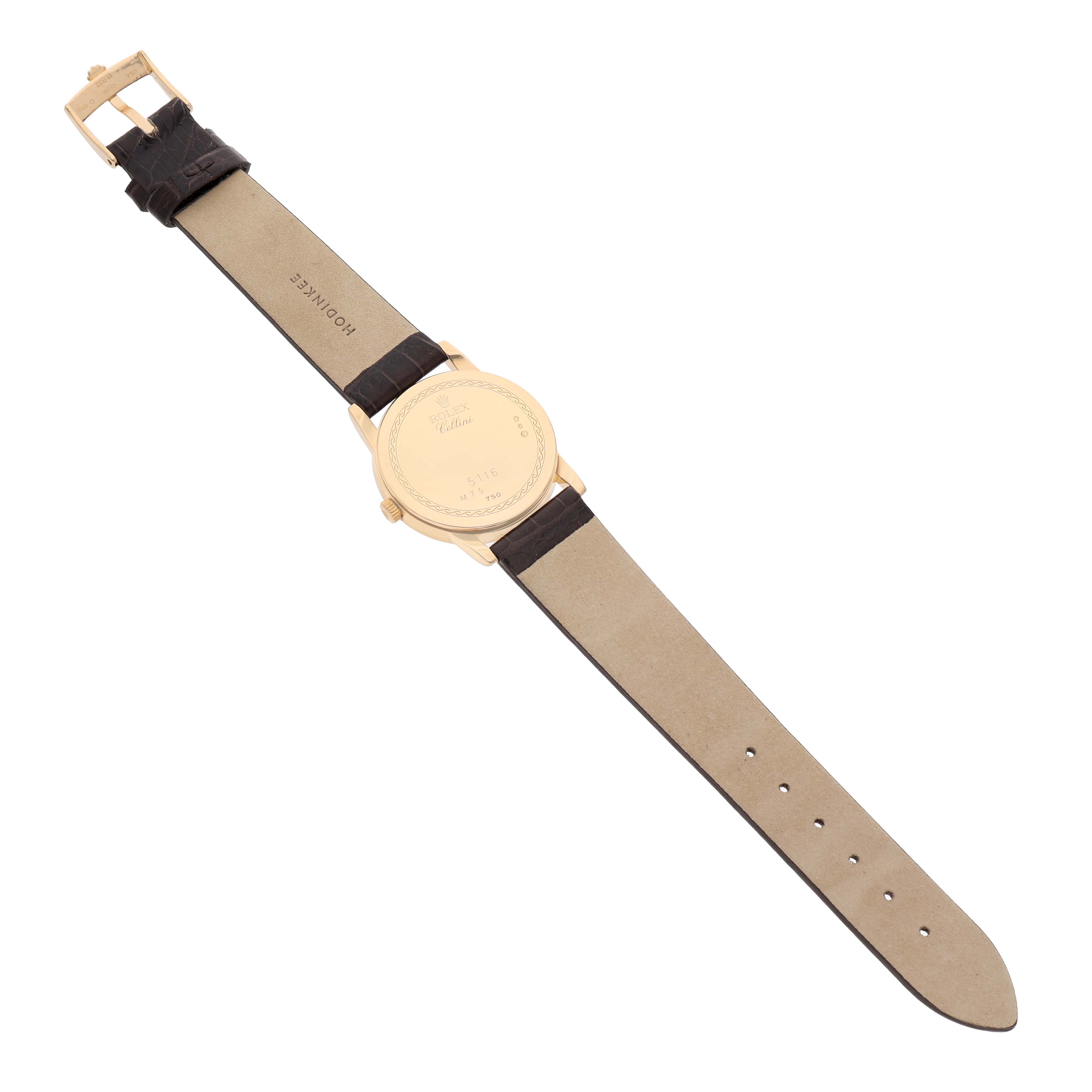 The image shows a Rolex Cellini 5116/8 Men's Yellow Gold Silver Dial watch from the back, highlighting the case back and leather strap.