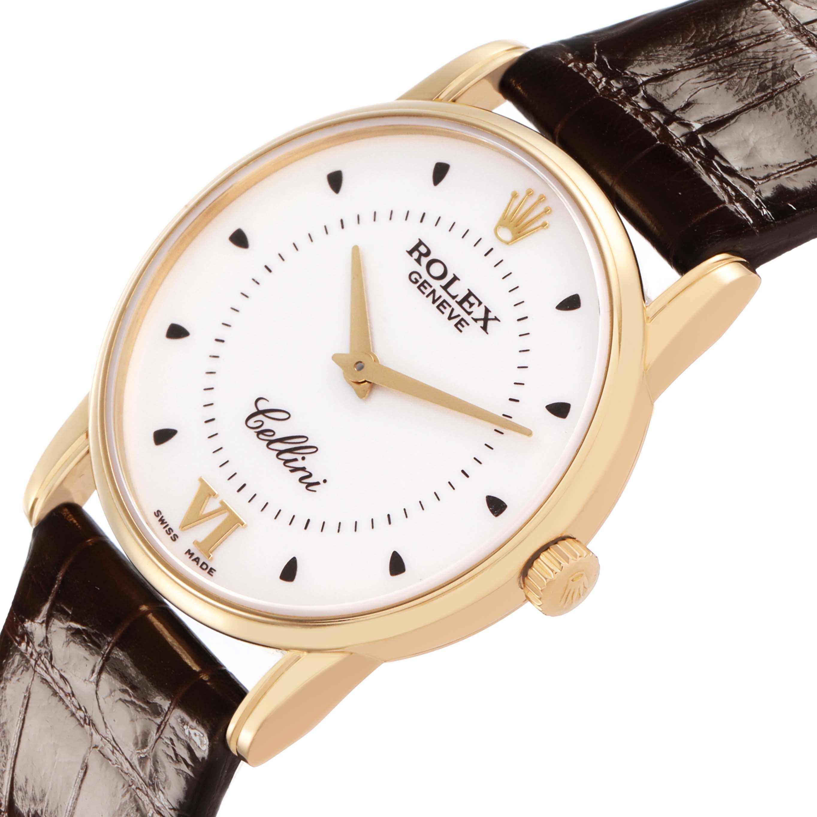 The Rolex Cellini 5116/8 Men's Yellow Gold Silver Dial watch is shown at a slight angle, displaying the face, crown, case, and leather strap.