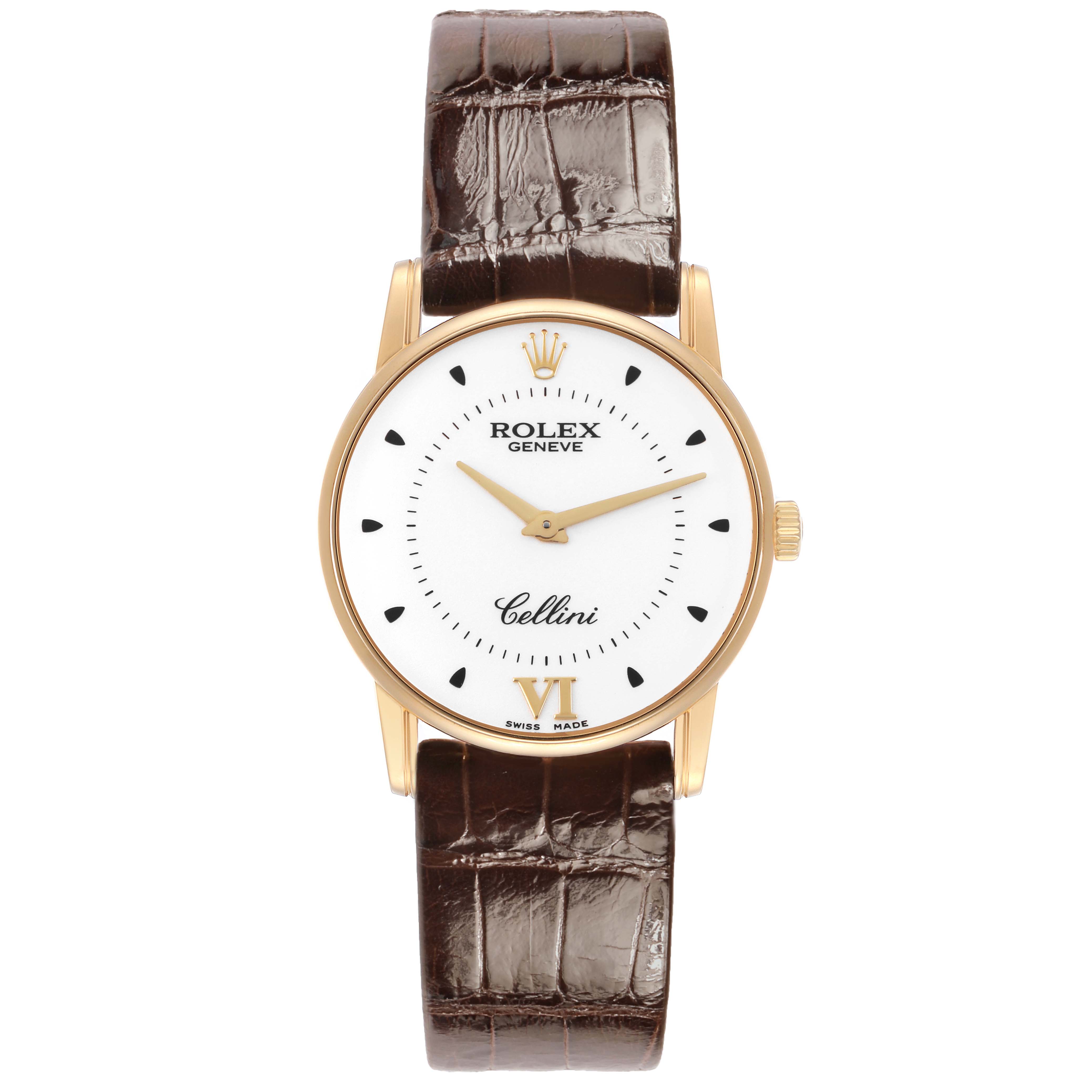 This Rolex Cellini 5116/8 Men's Yellow Gold Silver Dial watch is shown from a front view, displaying its dial, case, and leather strap.