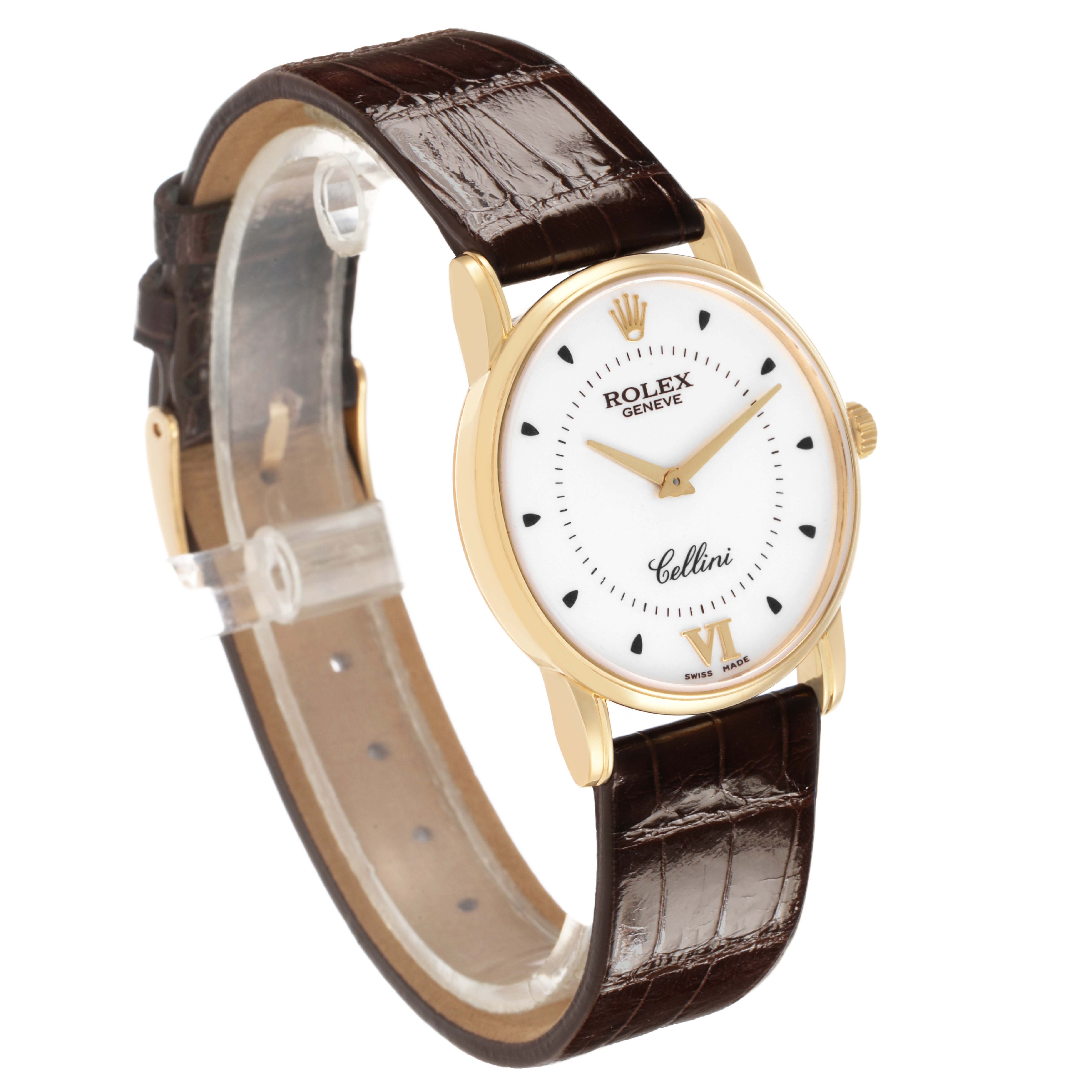 The Rolex Cellini 5116/8 Men's Yellow Gold Silver Dial watch is shown at a three-quarter angle, displaying the dial, case, crown, and leather strap.