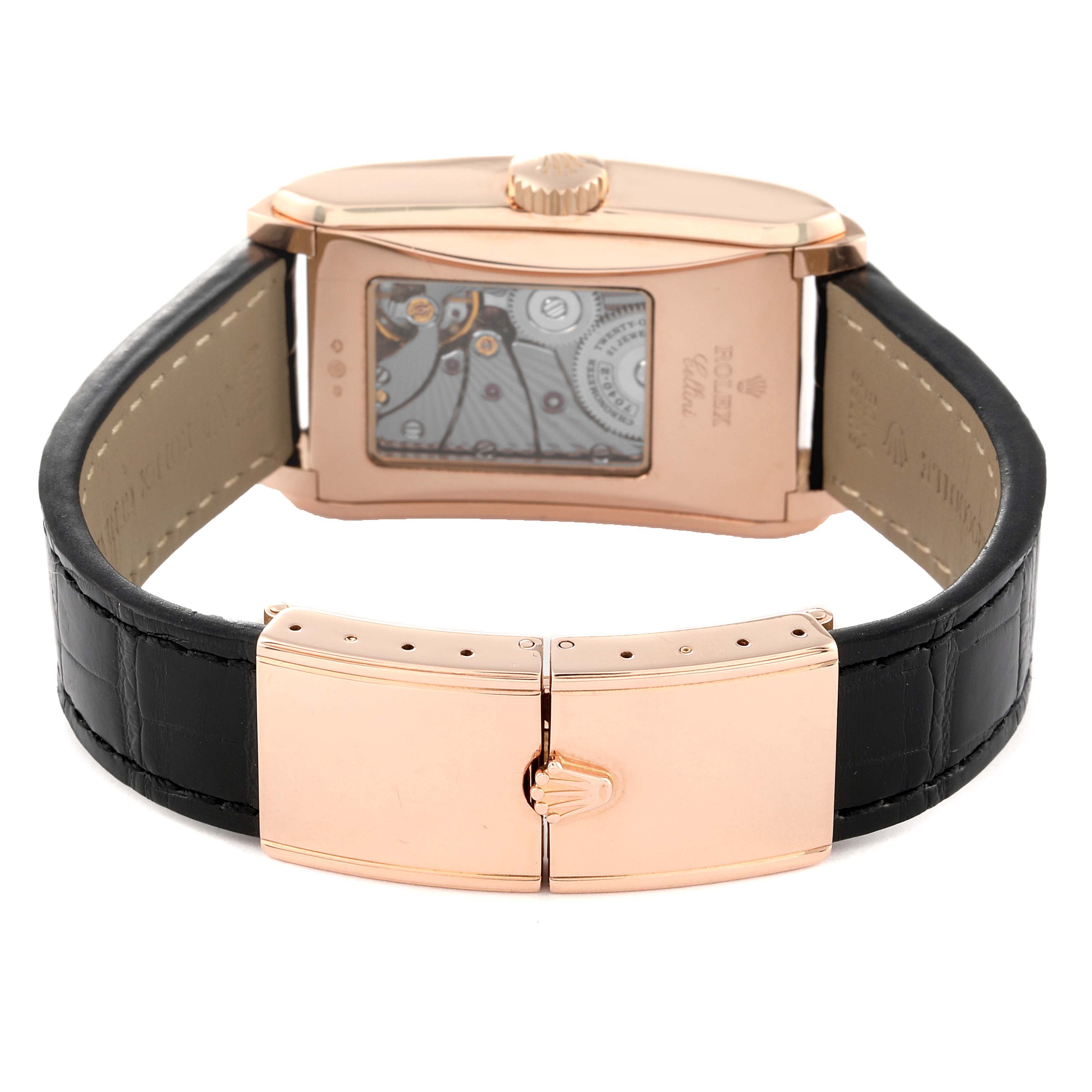 This image shows the back view of a Rolex Cellini 5442 Men's Rose Gold Black Dial 5442 Men's Rose Gold Black Dial watch, displaying its black leather strap and gold clasp.