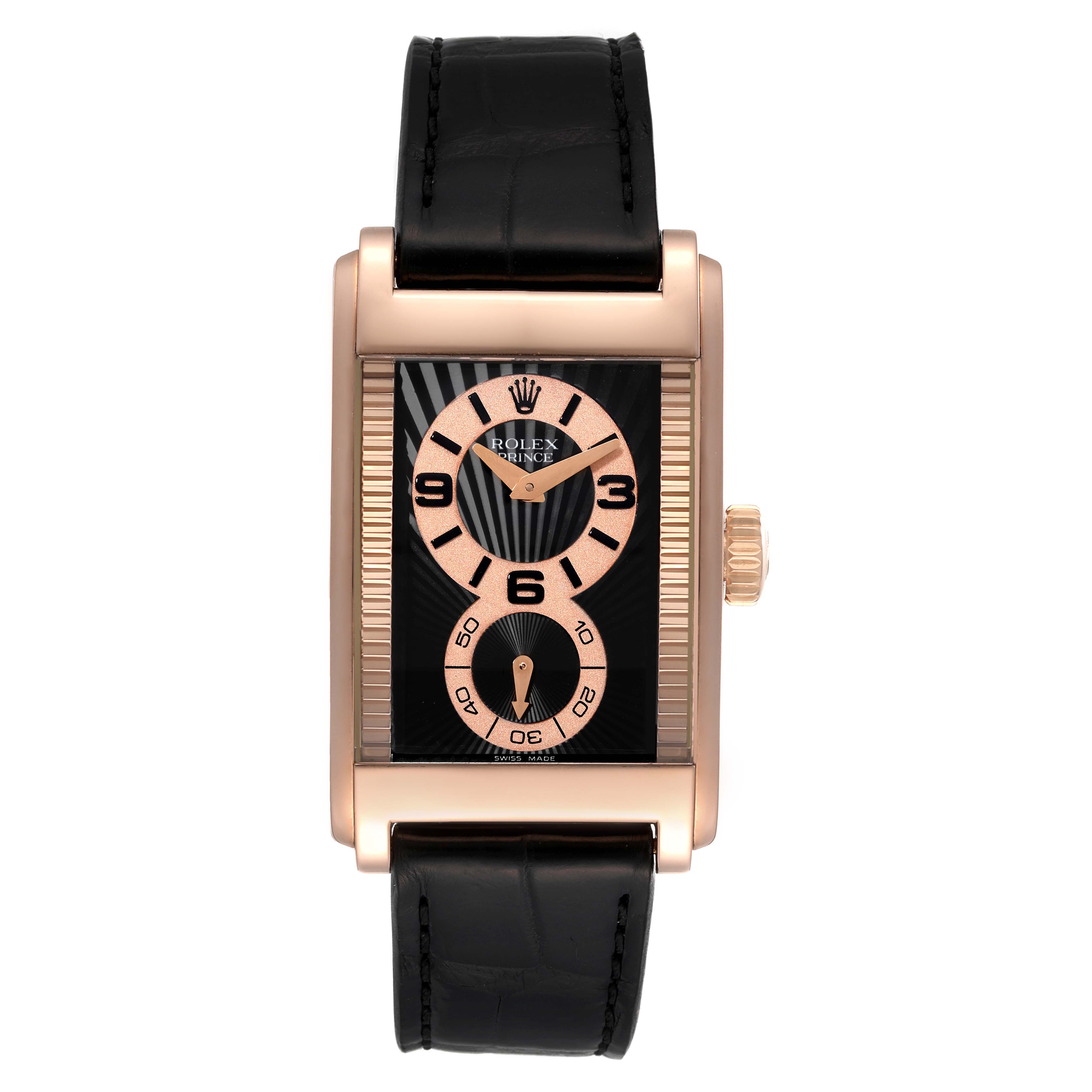 The image shows a front view of a Rolex Cellini 5442 Men's Rose Gold Black Dial 5442 Men's Rose Gold Black Dial Prince watch, highlighting its rectangular face, black leather strap, and rose gold accents.
