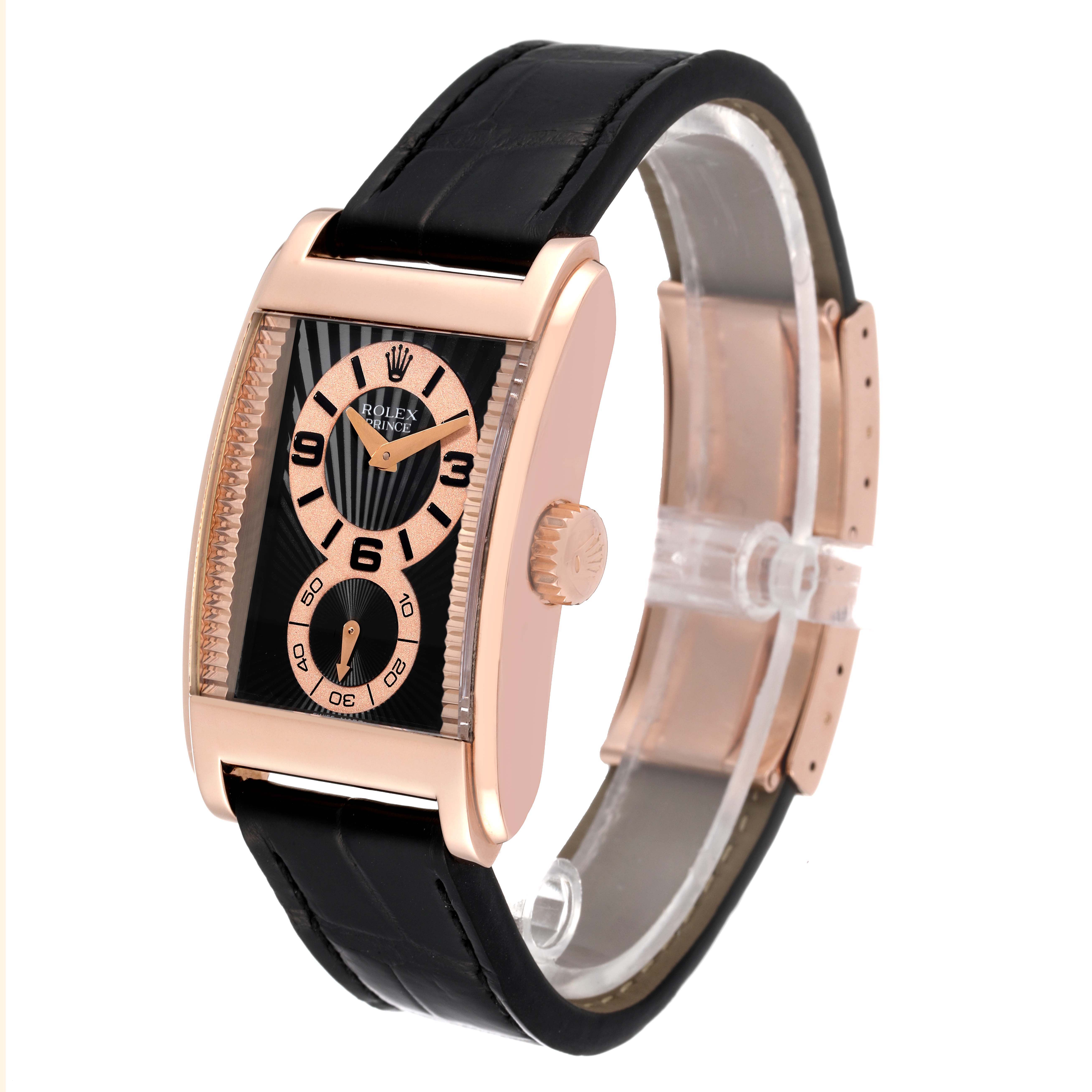 This image shows a side angle of the Rolex Cellini 5442 Men's Rose Gold Black Dial 5442 Men's Rose Gold Black Dial watch, highlighting its black leather strap and rose gold case.