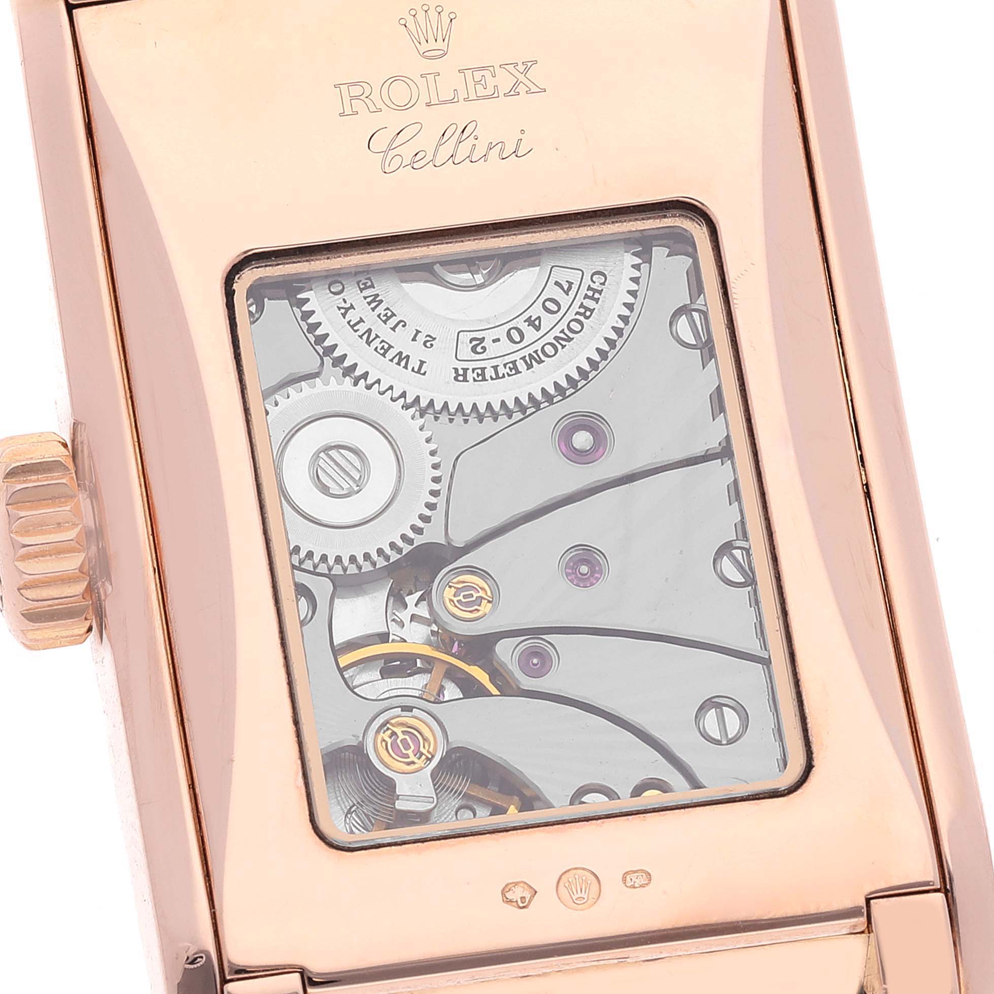 The image shows the back of a Rolex Cellini 5442 Men's Rose Gold Black Dial 5442 Men's Rose Gold Black Dial watch, revealing the mechanical movement through a transparent caseback.